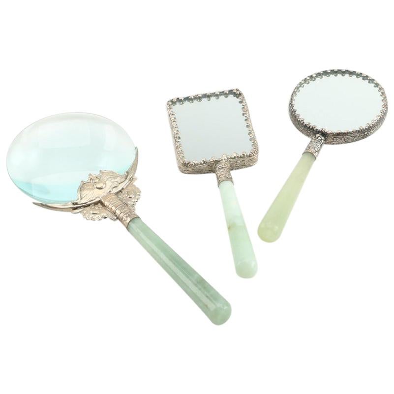 Chinese Bowenite Handled Magnifying Glass and Two Hand Held Mirrors Porcelain For Sale