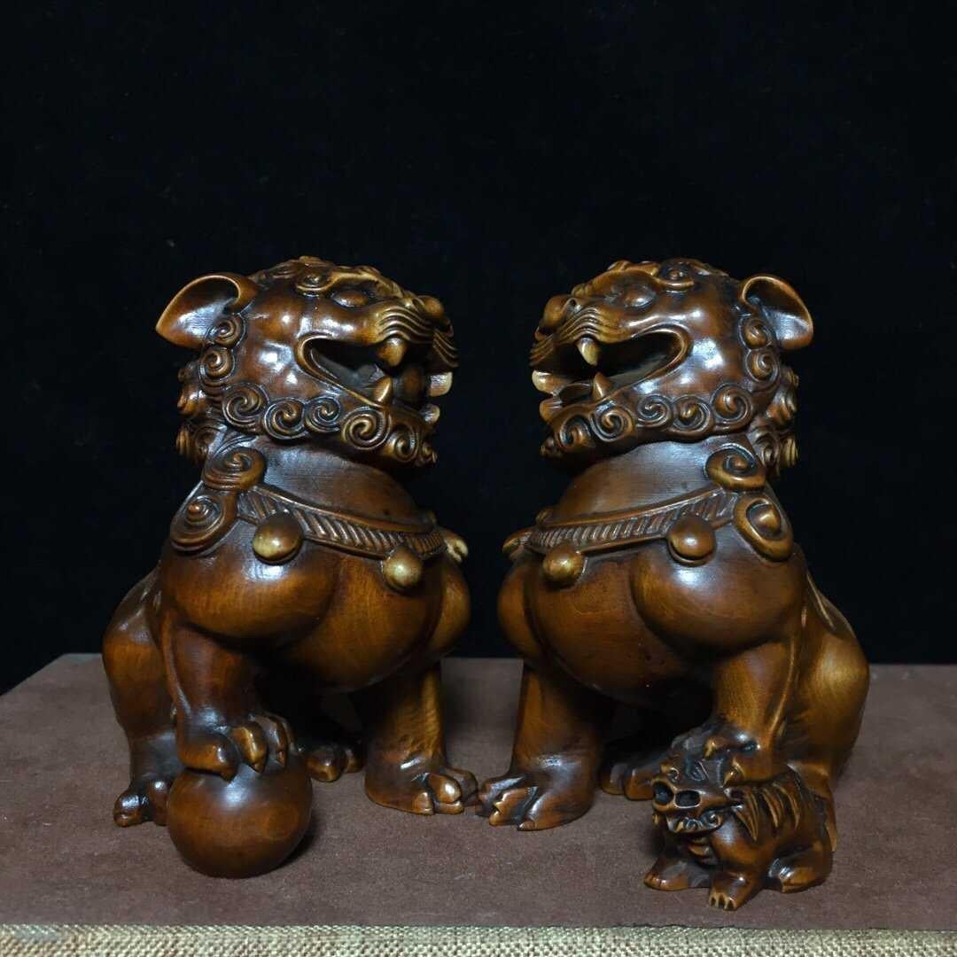 20th Century Chinese Boxwood Auspicious Guardian Two Lions Sculptures For Sale