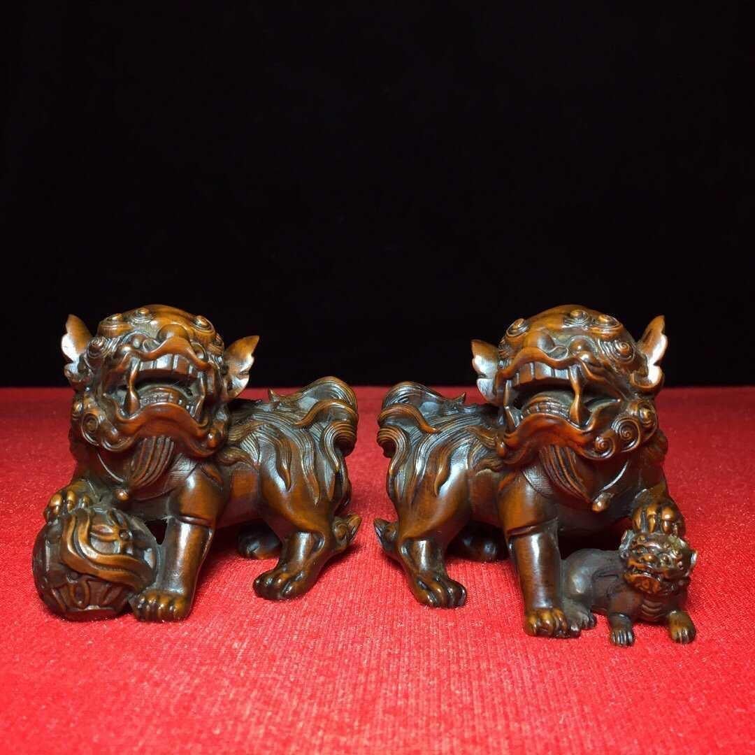 Wood Chinese Boxwood Auspicious Guardian Two Lions Sculptures For Sale