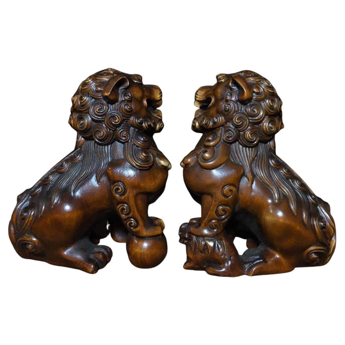 Chinese Boxwood Auspicious Guardian Two Lions Sculptures