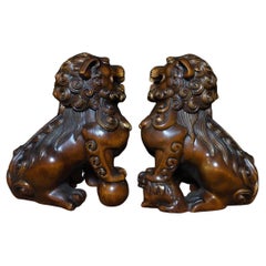 Chinese Boxwood Auspicious Guardian Two Lions Sculptures