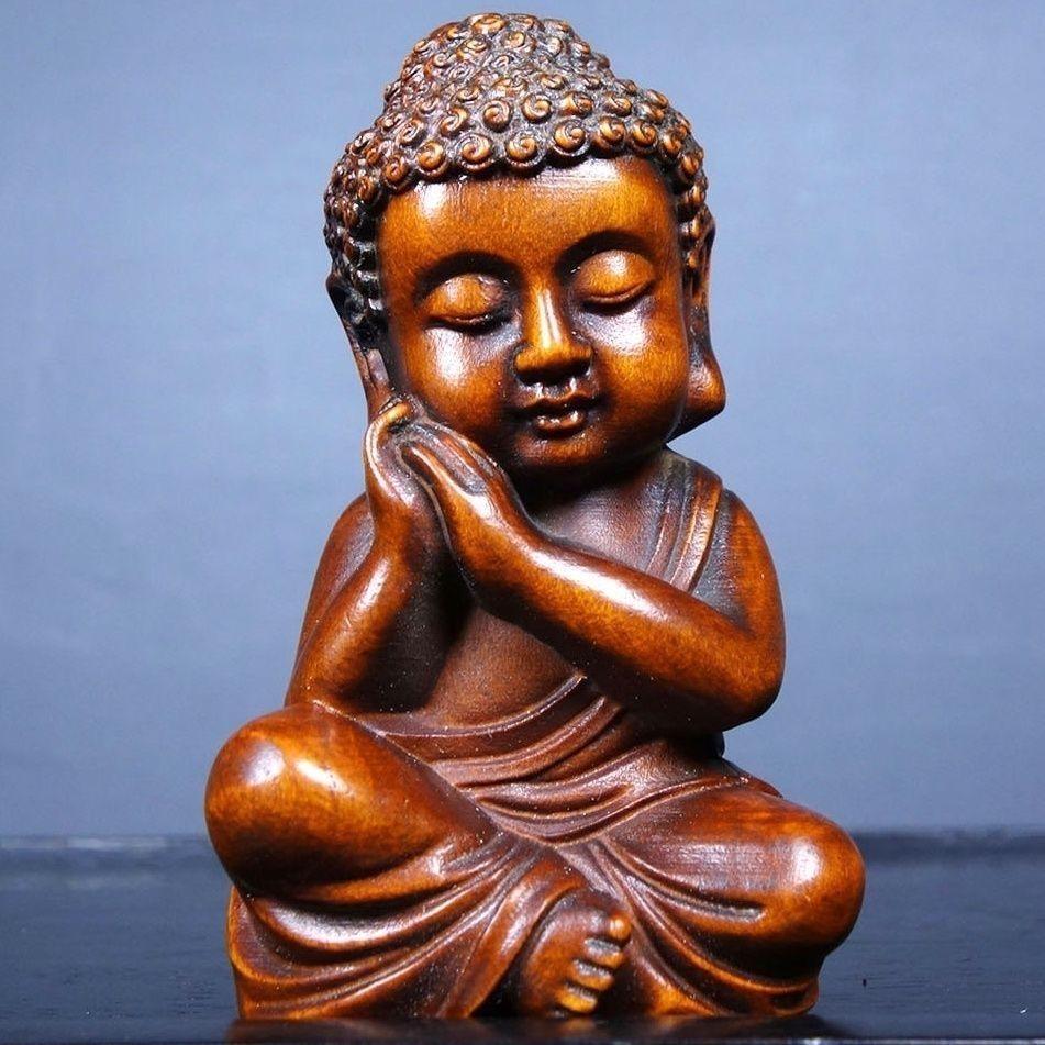 Chinesisches geschnitztes Set aus drei Baby-Buddha-Skulpturen aus Buchsbaumholz mit Schnitzereien im Angebot 6