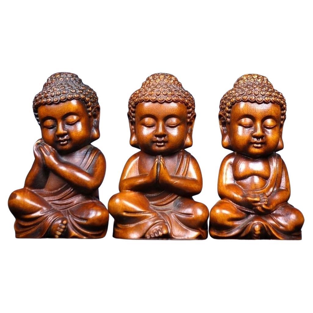 Chinese Boxwood Carving Sitting Three Baby Buddhas Sculptures Set
