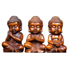 Chinese Boxwood Carving Sitting Three Baby Buddhas Sculptures Set