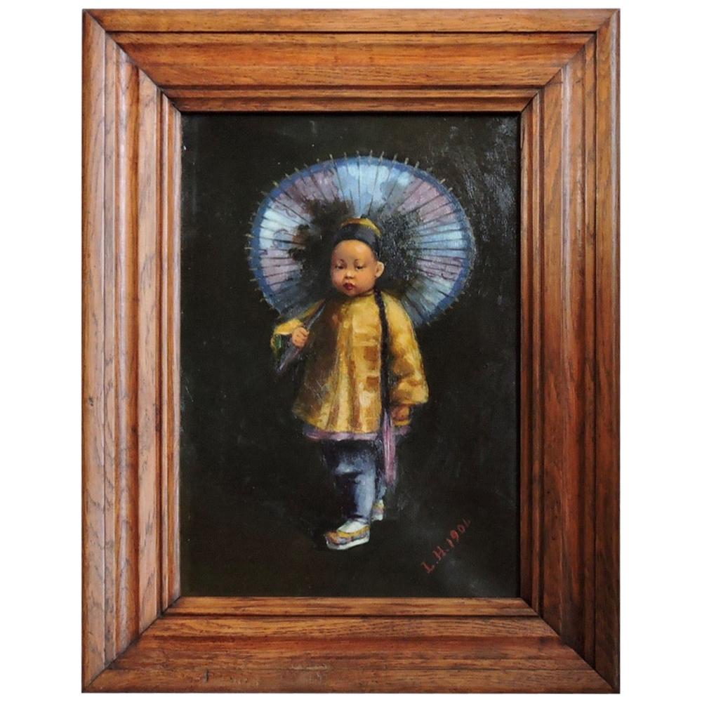 "Chinese Boy", a Charming Study, Framed Oil on Canvas, circa 1900
