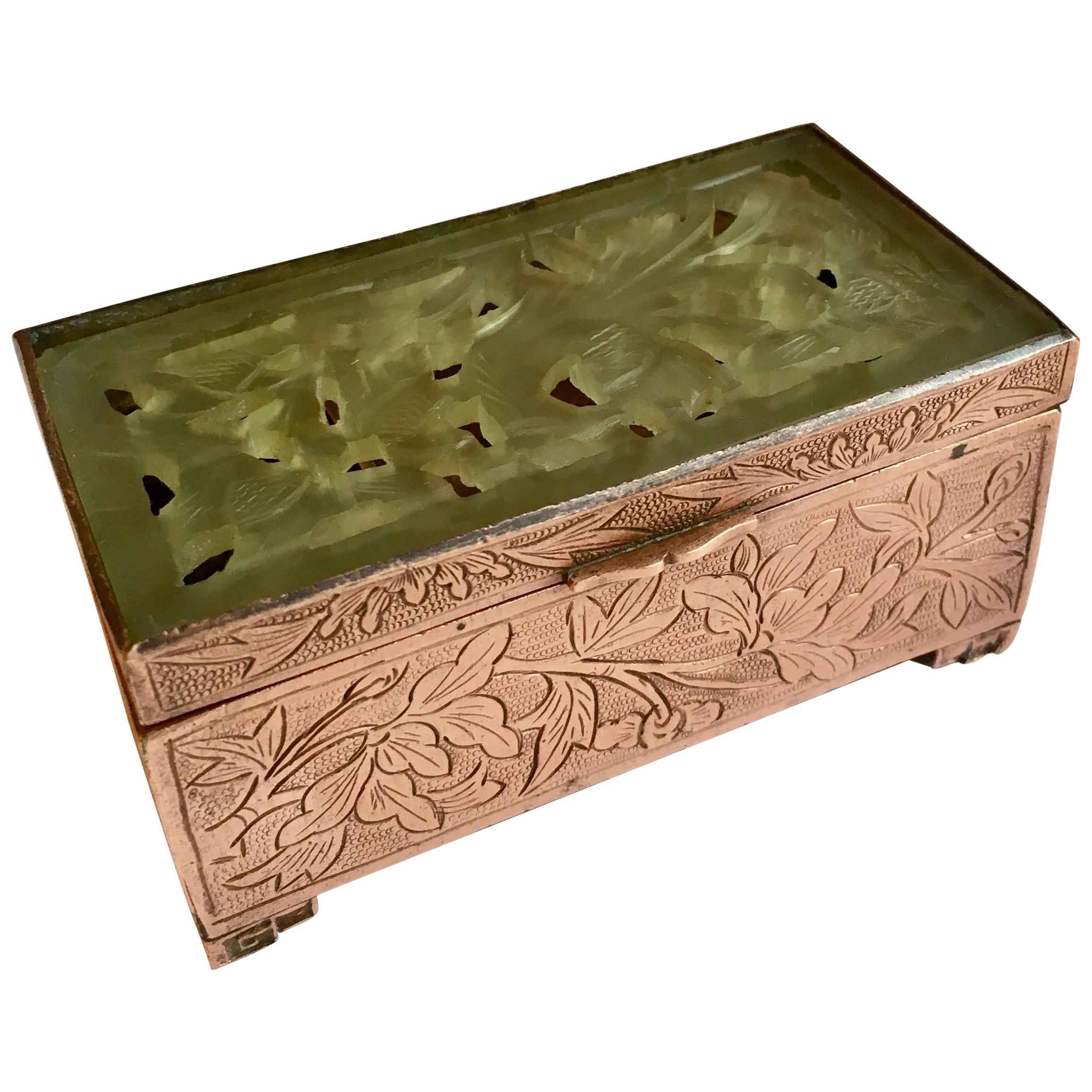 Chinese Brass and Carved Jade Box