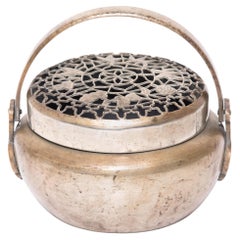 Chinese Brass Coal Brazier with Lotus Bud Lid, c. 1850