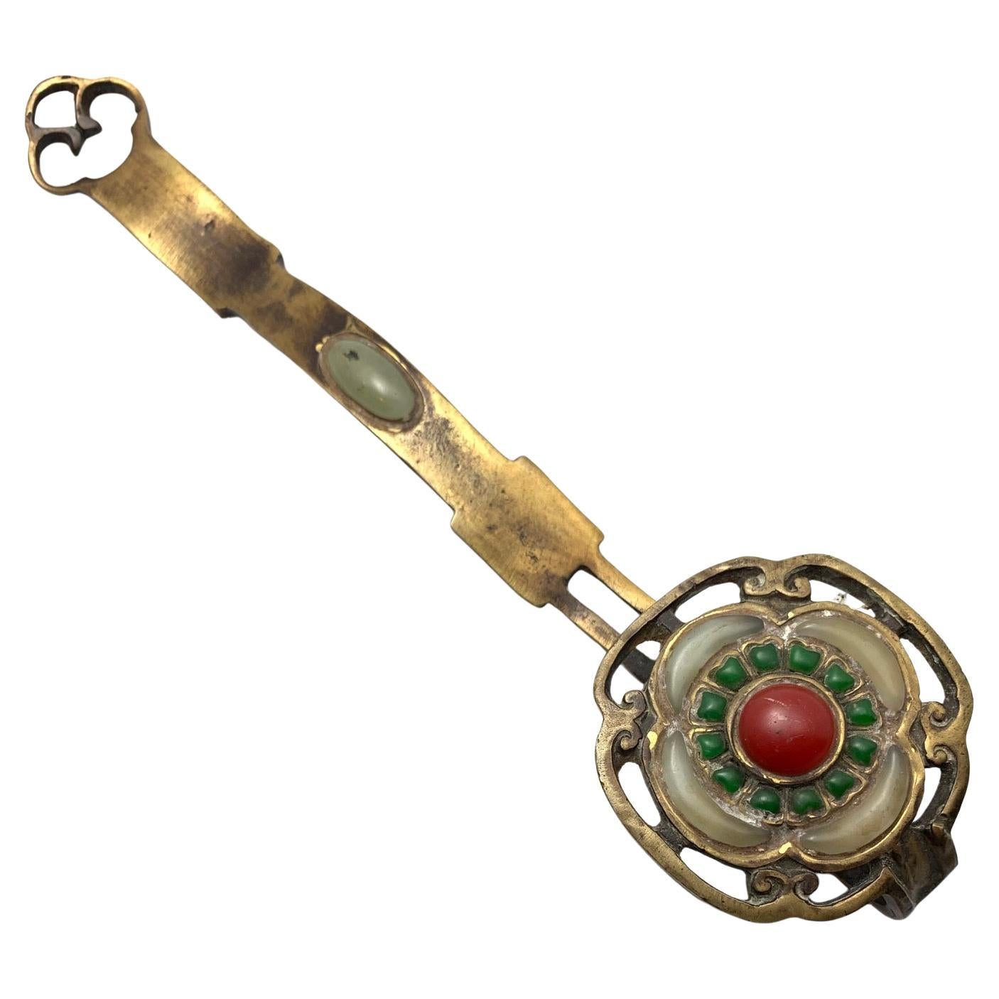 Chinese Brass Inlay Hetian Jade Ruyi Scepter