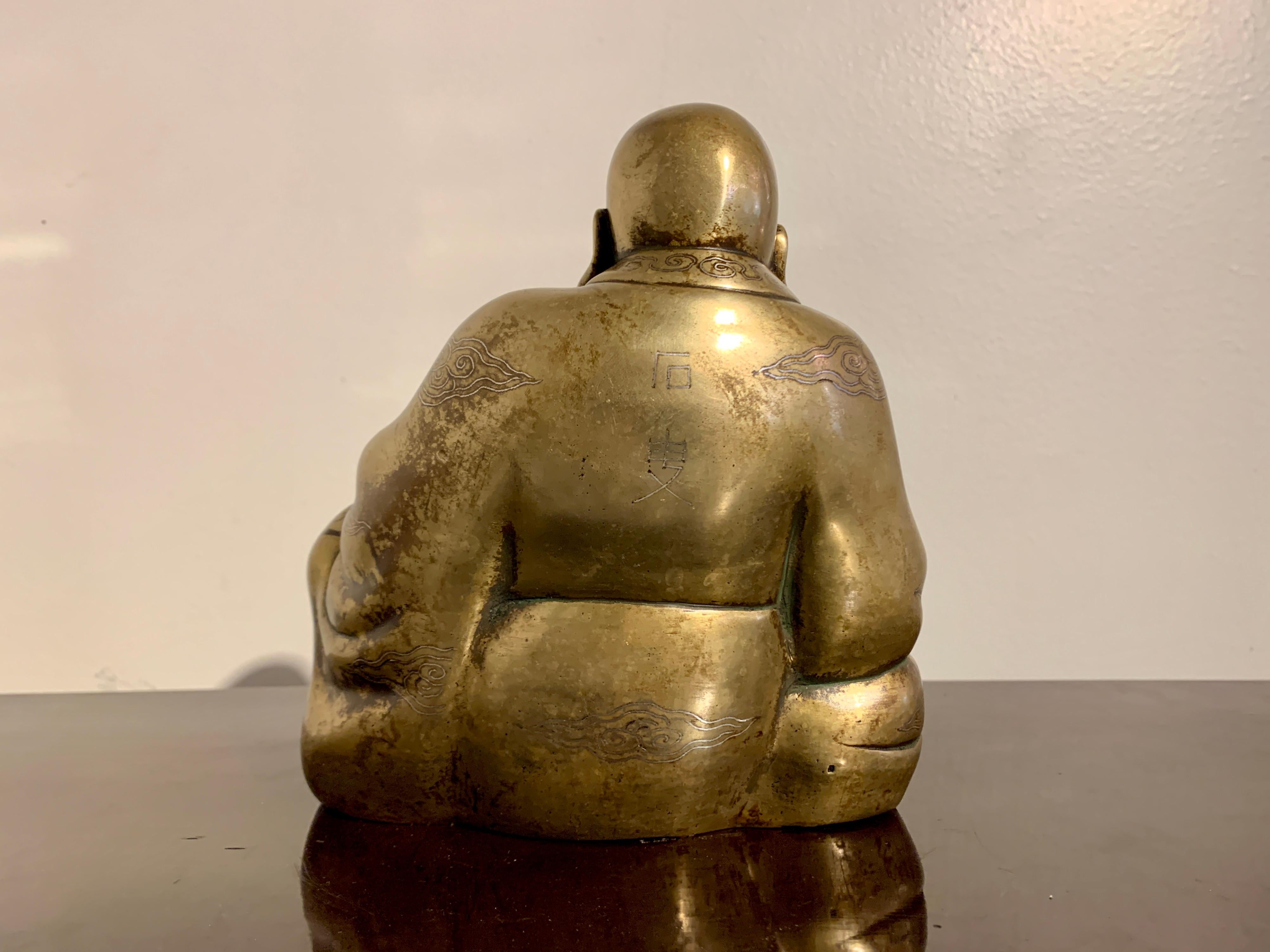 Chinese Brass Laughing Buddha, Budai, Shishou Mark, Qing Dynasty, China In Good Condition In Austin, TX