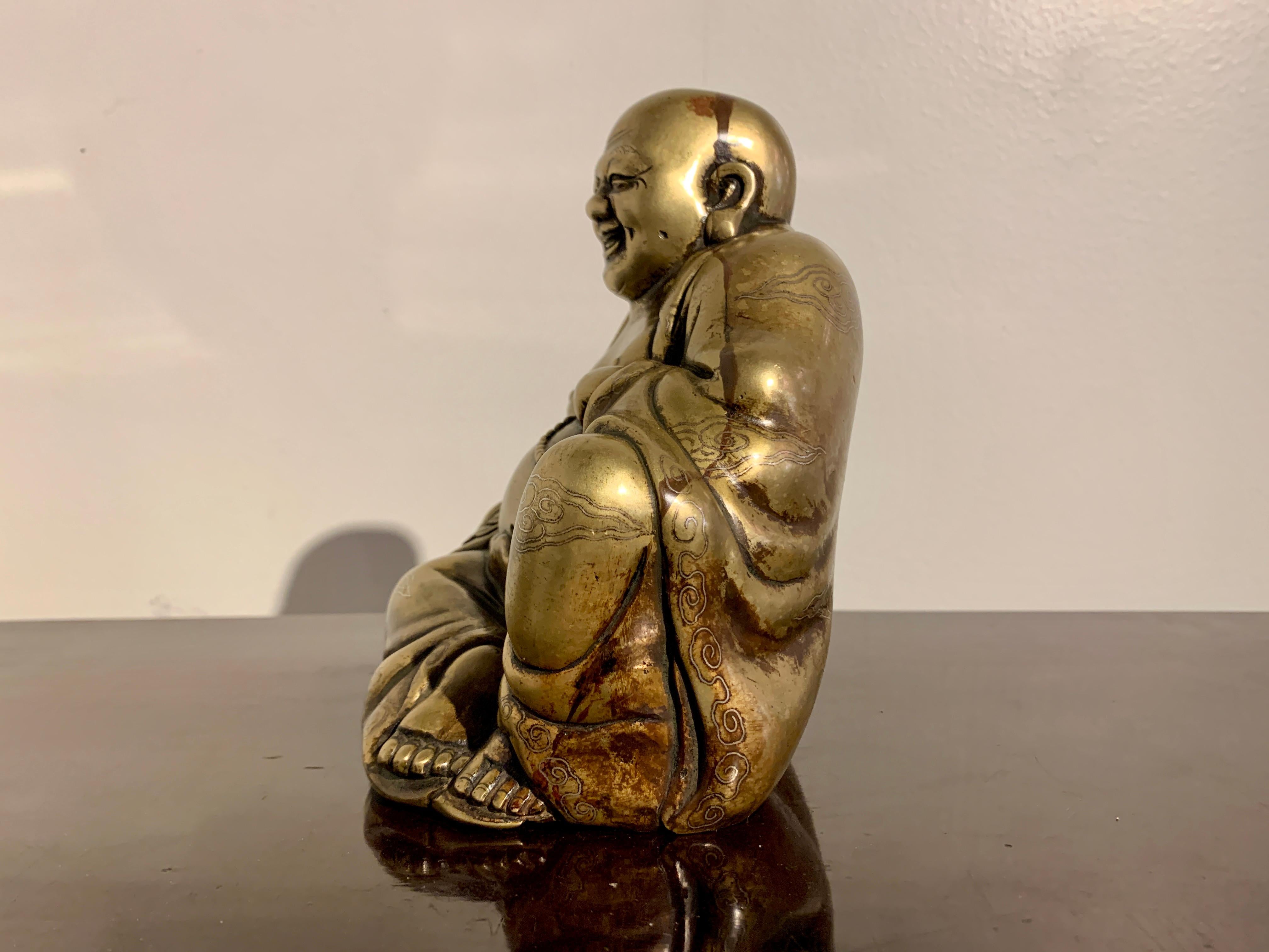 19th Century Chinese Brass Laughing Buddha, Budai, Shishou Mark, Qing Dynasty, China