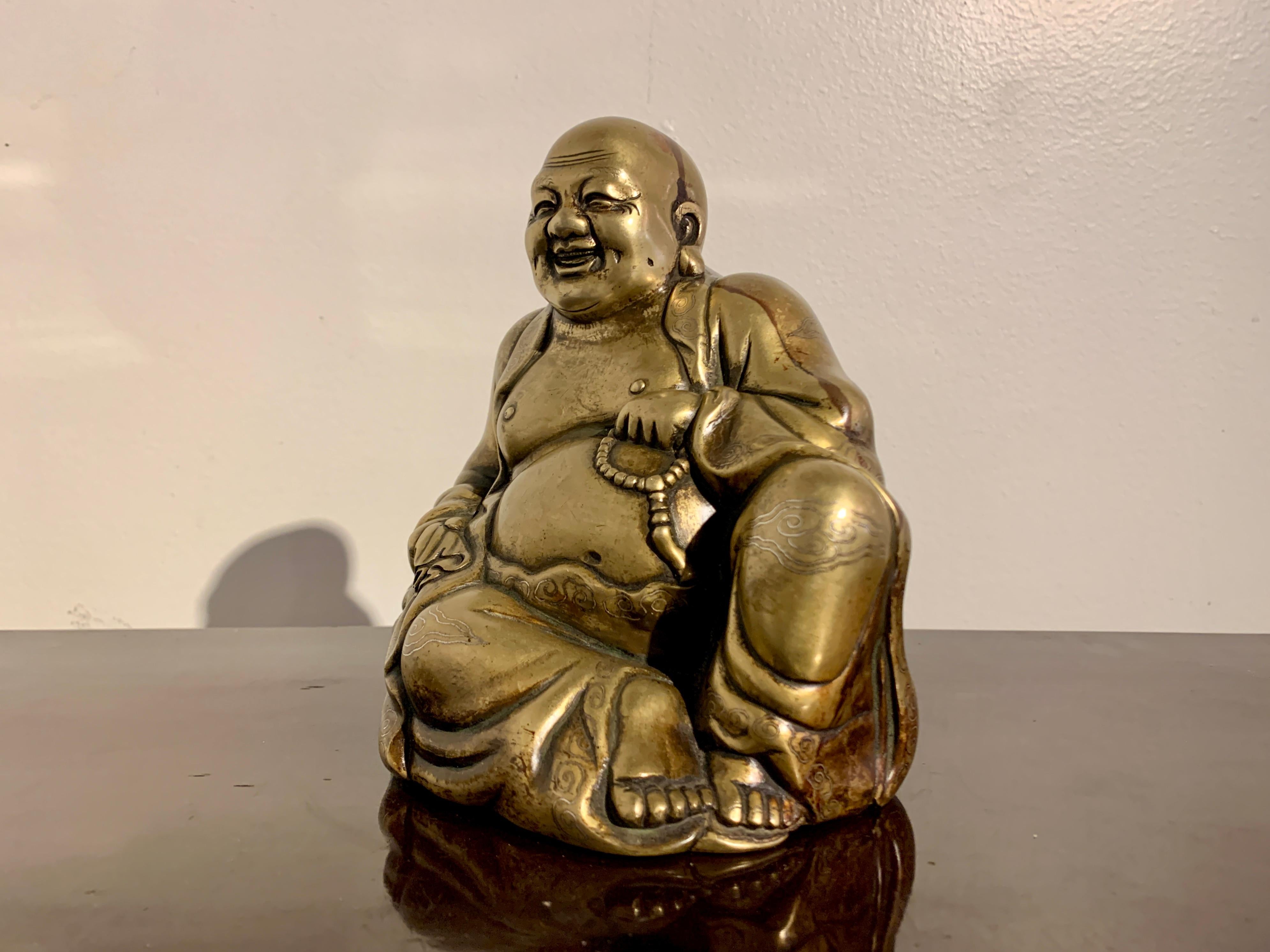 Silver Chinese Brass Laughing Buddha, Budai, Shishou Mark, Qing Dynasty, China