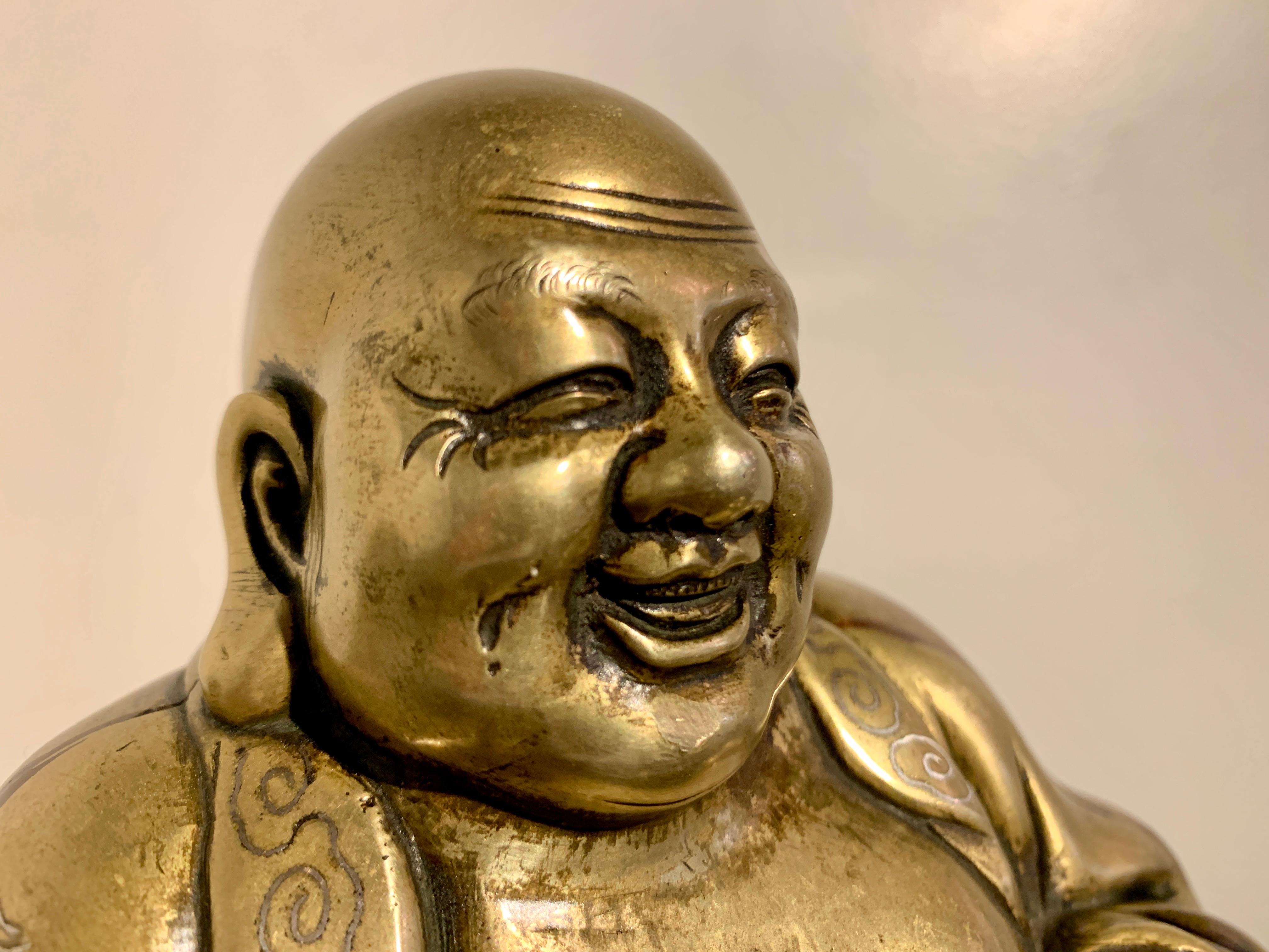 Chinese Brass Laughing Buddha, Budai, Shishou Mark, Qing Dynasty, China 1