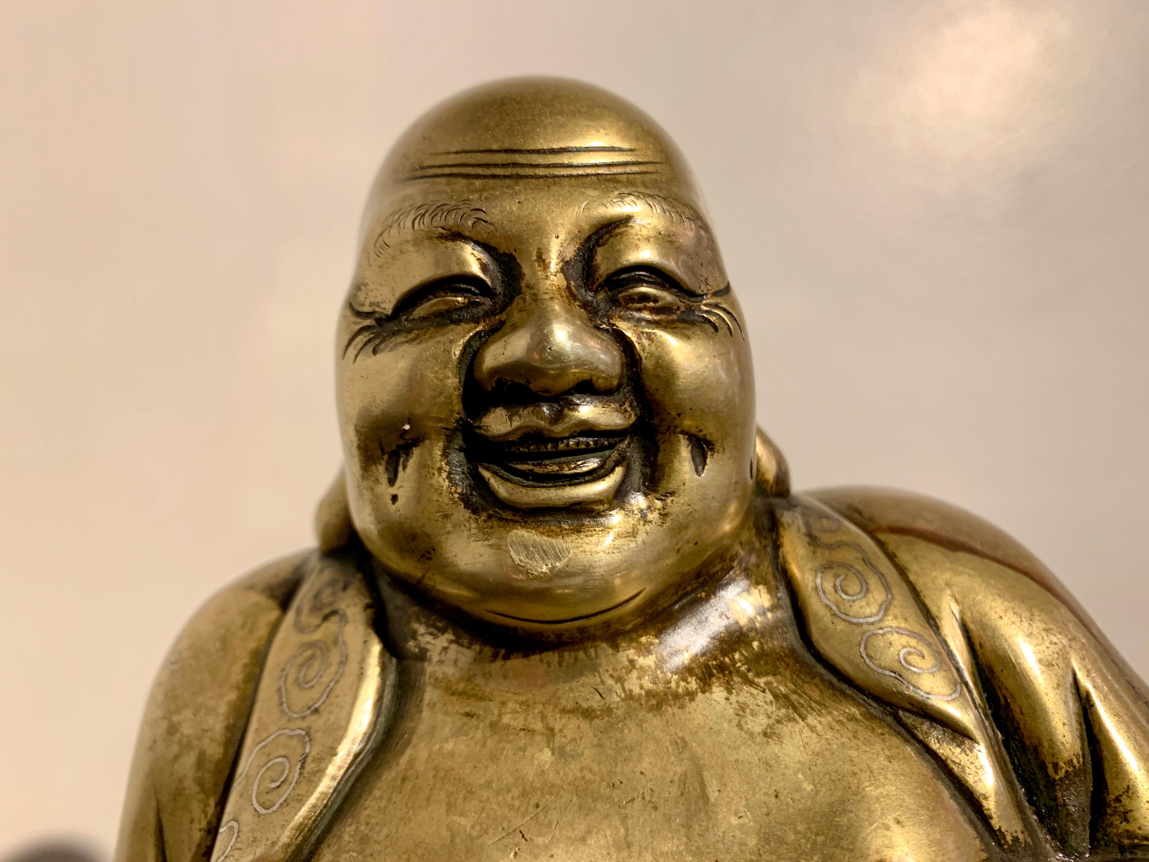 Chinese Brass Laughing Buddha, Budai, Shishou Mark, Qing Dynasty, China 3