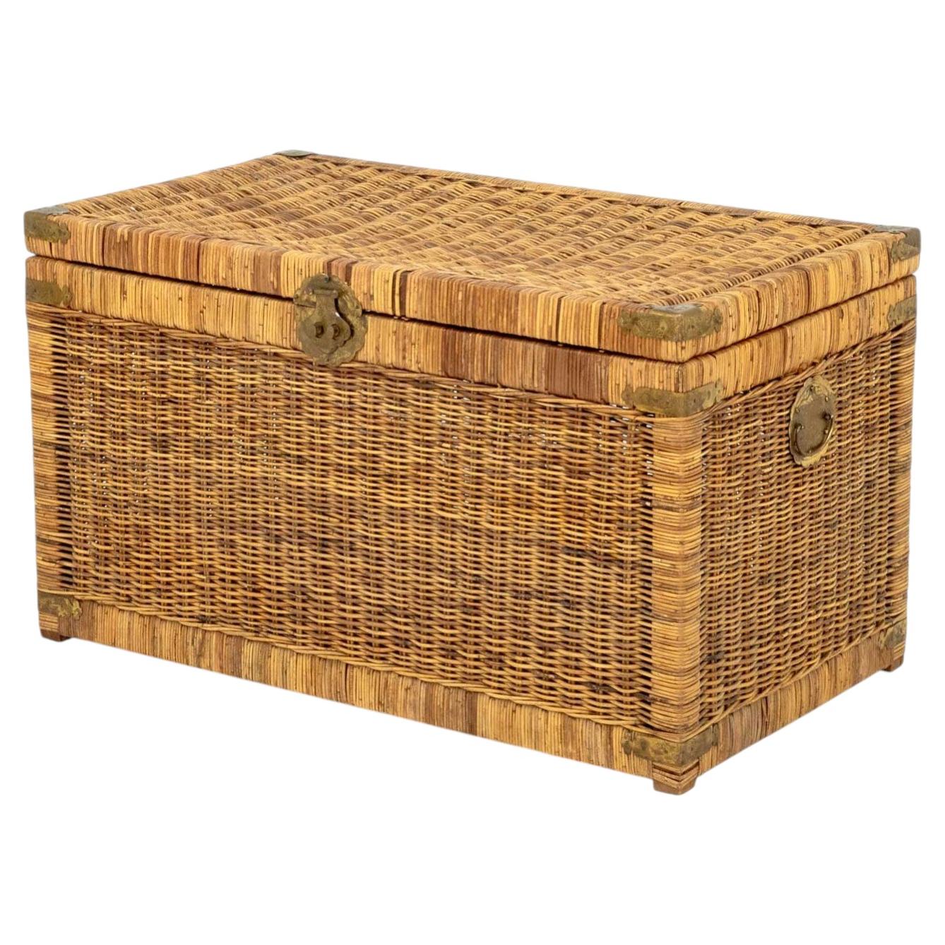 Chinese Wicker Chest with Brass Mounts, Bird Motif, Mid 20th Century
