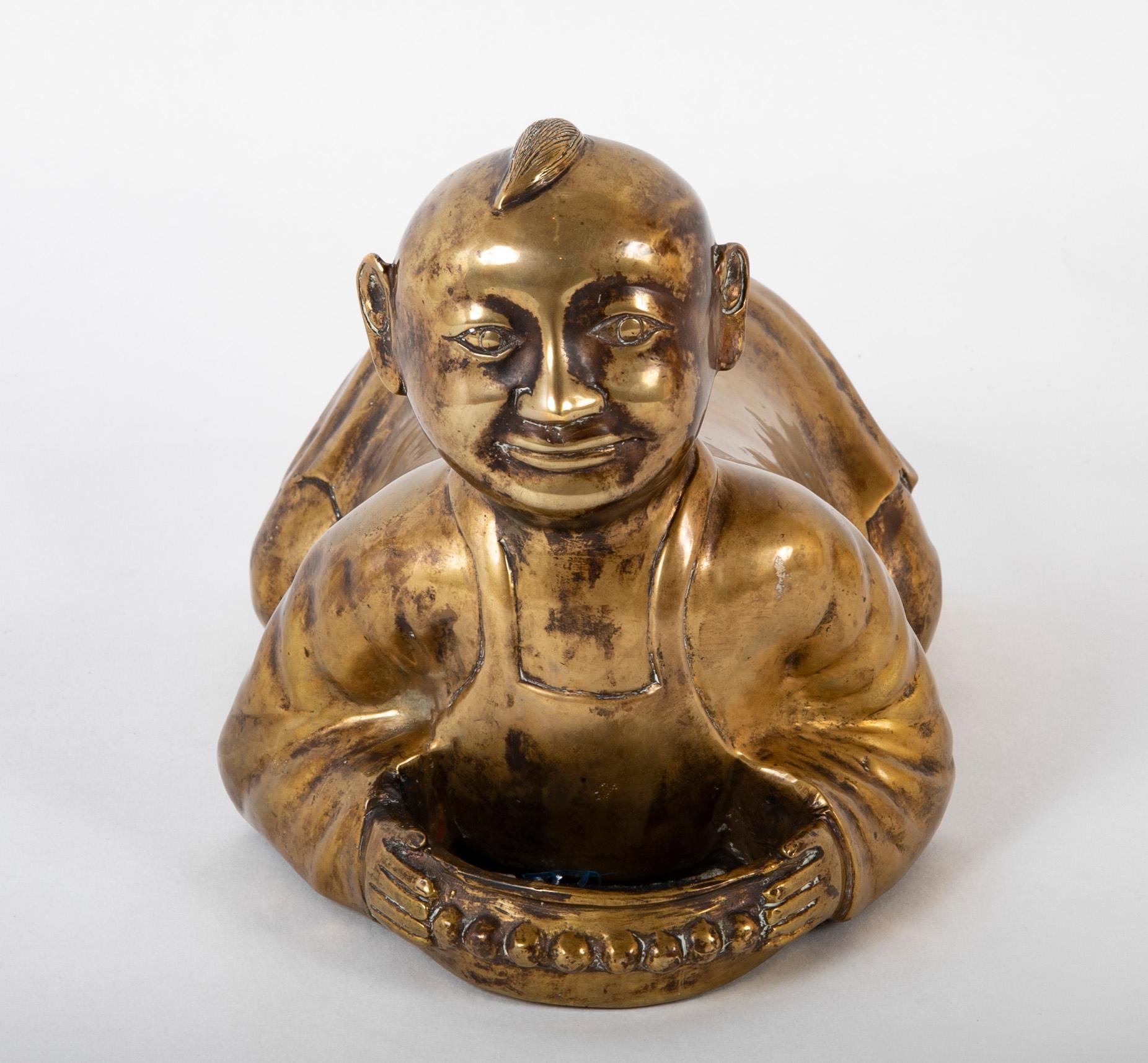 Qing Chinese Brass Opium Pillow in the Form of a Boy For Sale