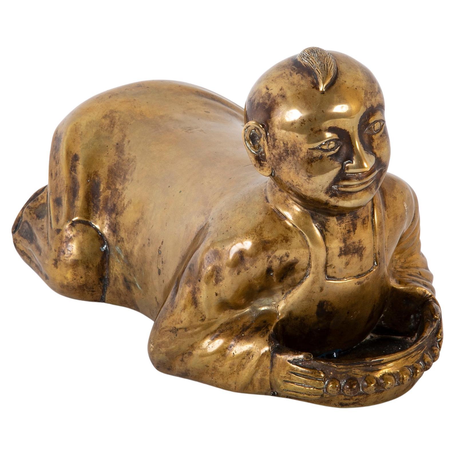 Chinese Brass Opium Pillow in the Form of a Boy For Sale