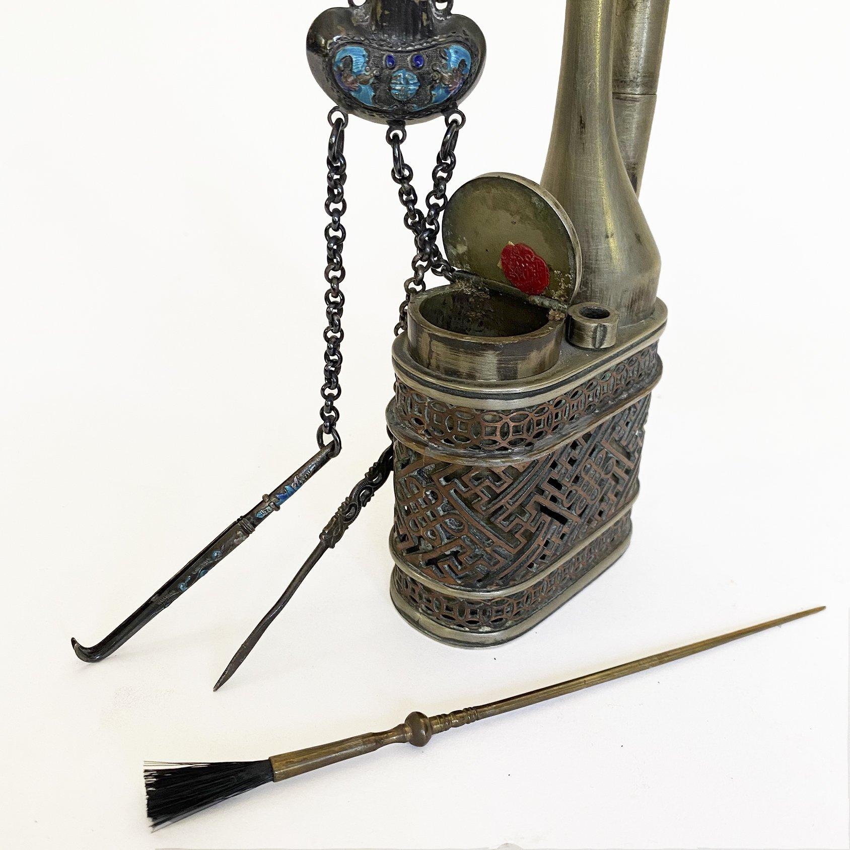 Qing Chinese Brass Opium Pipe With Silver /Enamel Accoutrements, Early 20th Century