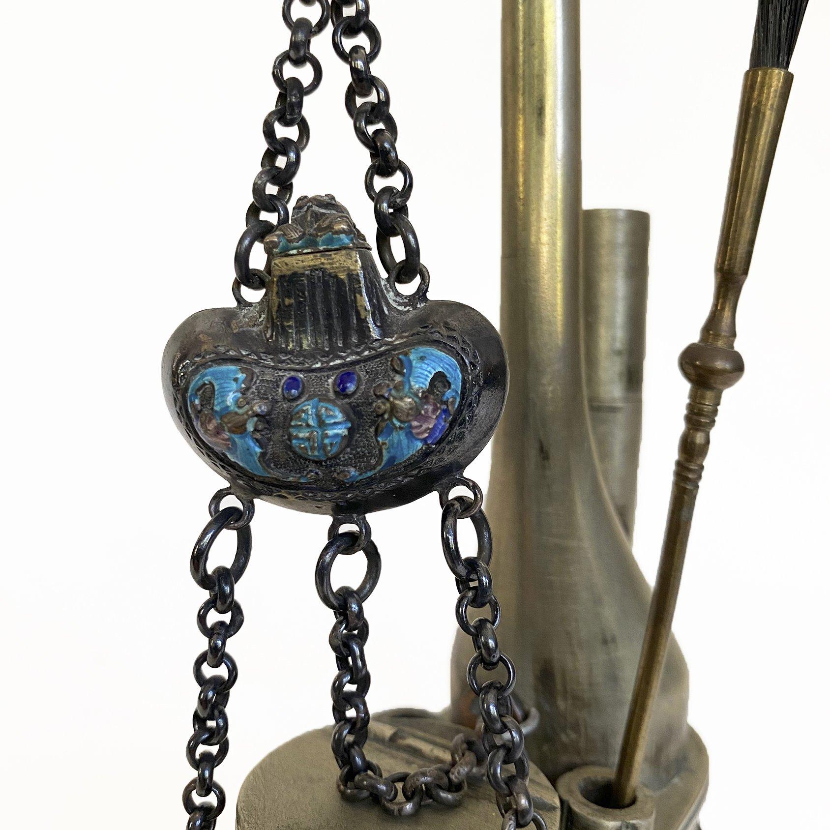 Chinese Brass Opium Pipe With Silver /Enamel Accoutrements, Early 20th Century 2