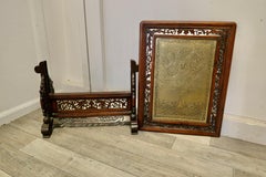 Chinese Brass Screen with Intricately Carved Wooden Stand