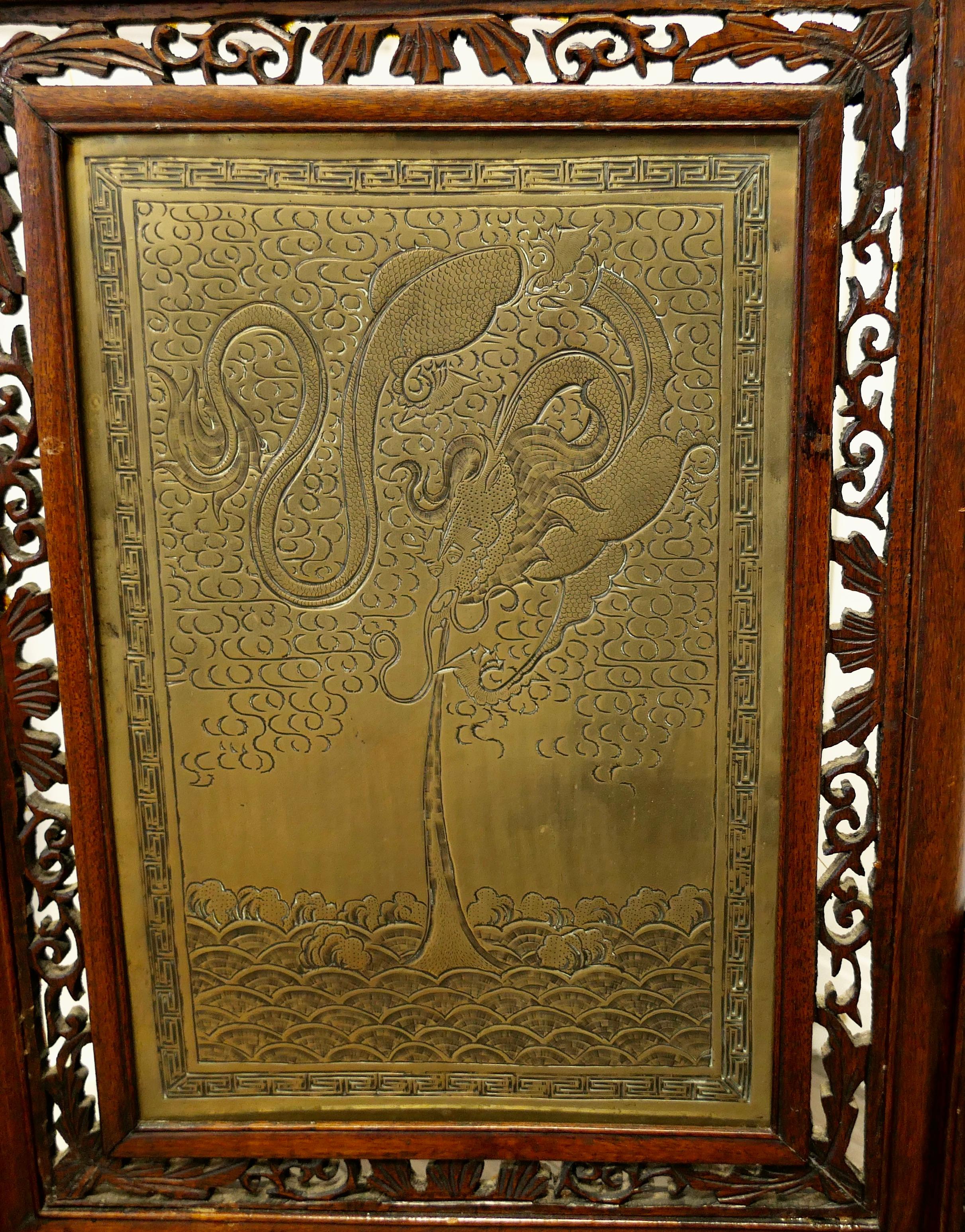 Chinese Brass Screen with Intricately Carved Wooden Stand 1