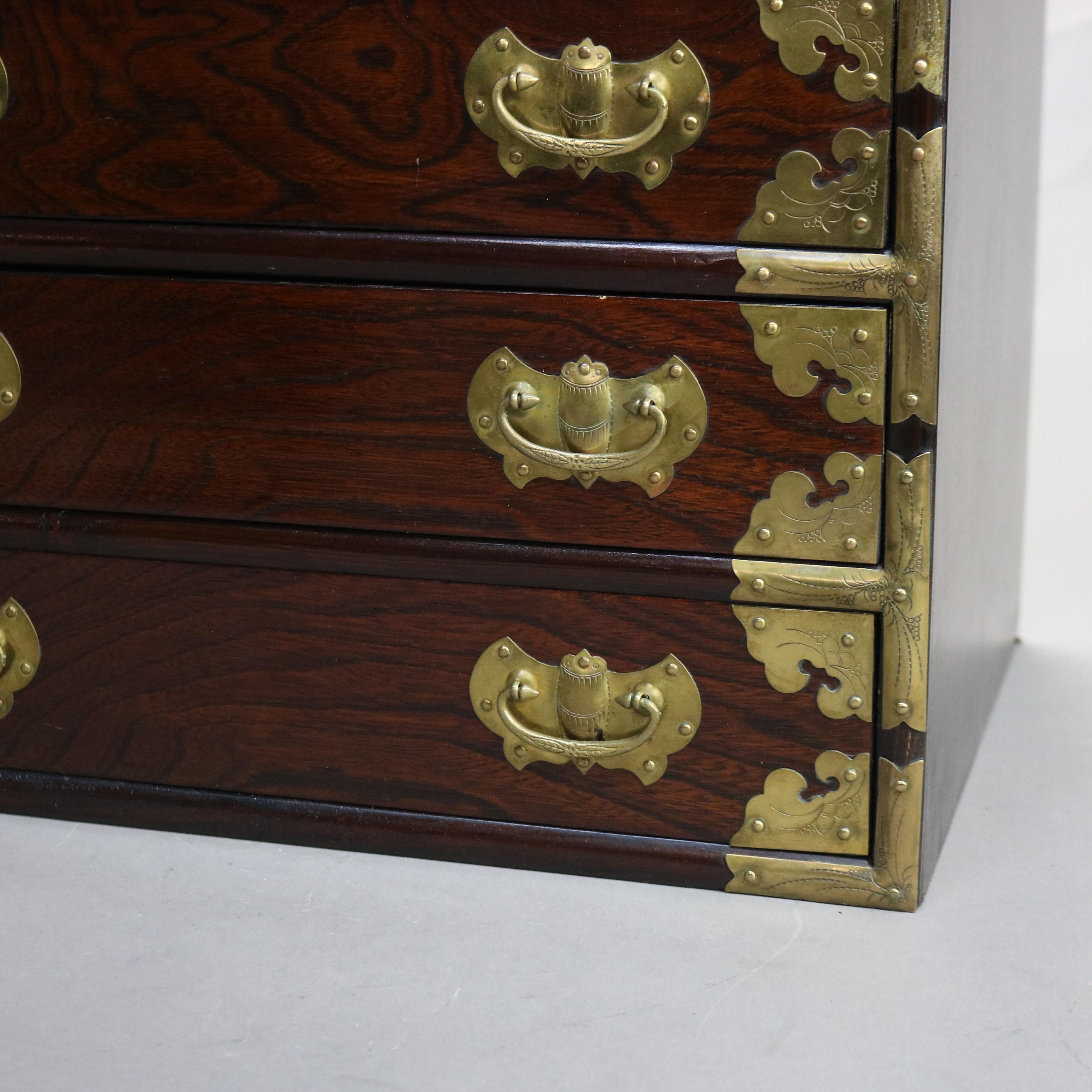 Chinese Brass Strapped Rosewood Five Drawer Lingerie Cabinet 20thC In Good Condition In Big Flats, NY
