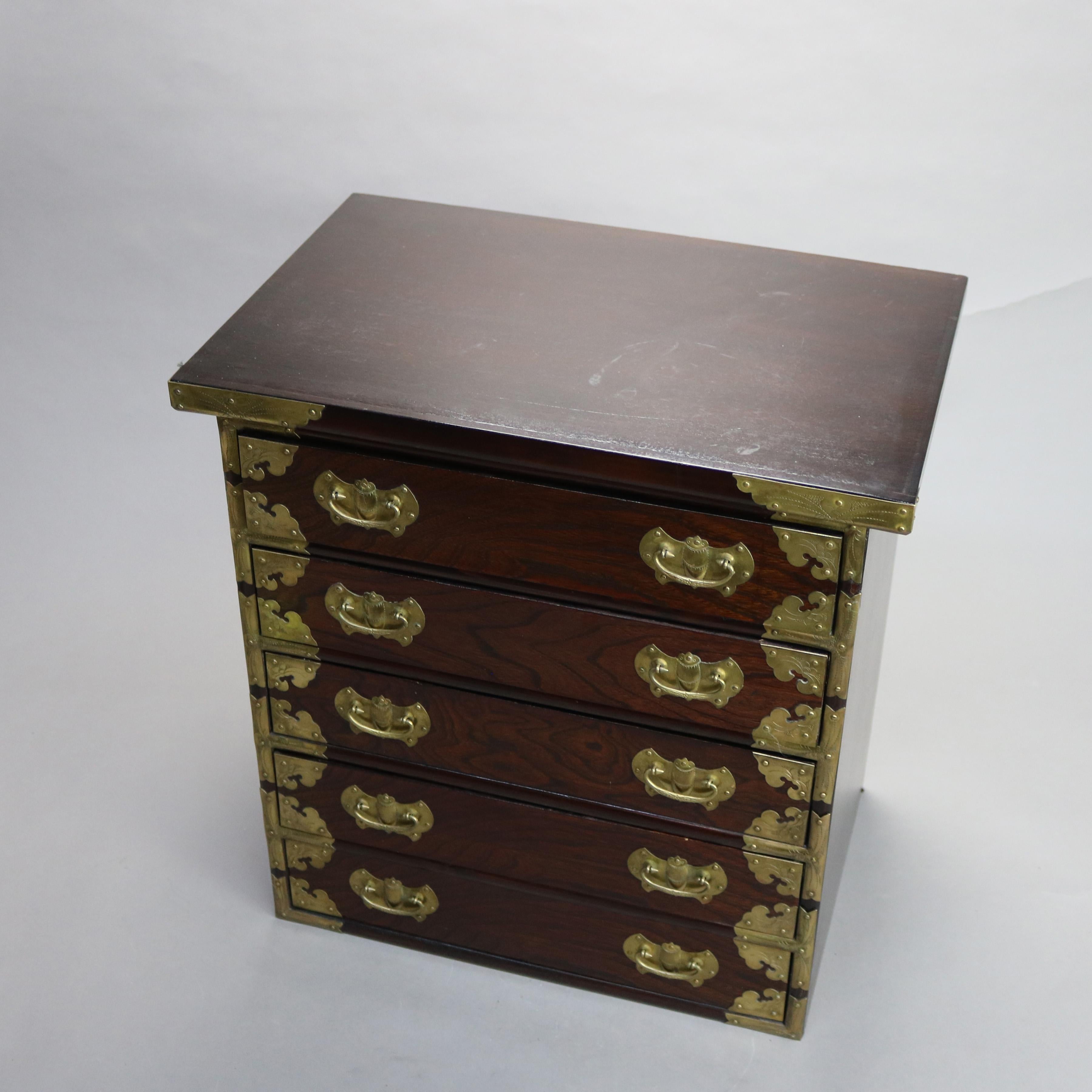 Chinese Brass Strapped Rosewood Five Drawer Lingerie Cabinet 20thC 1