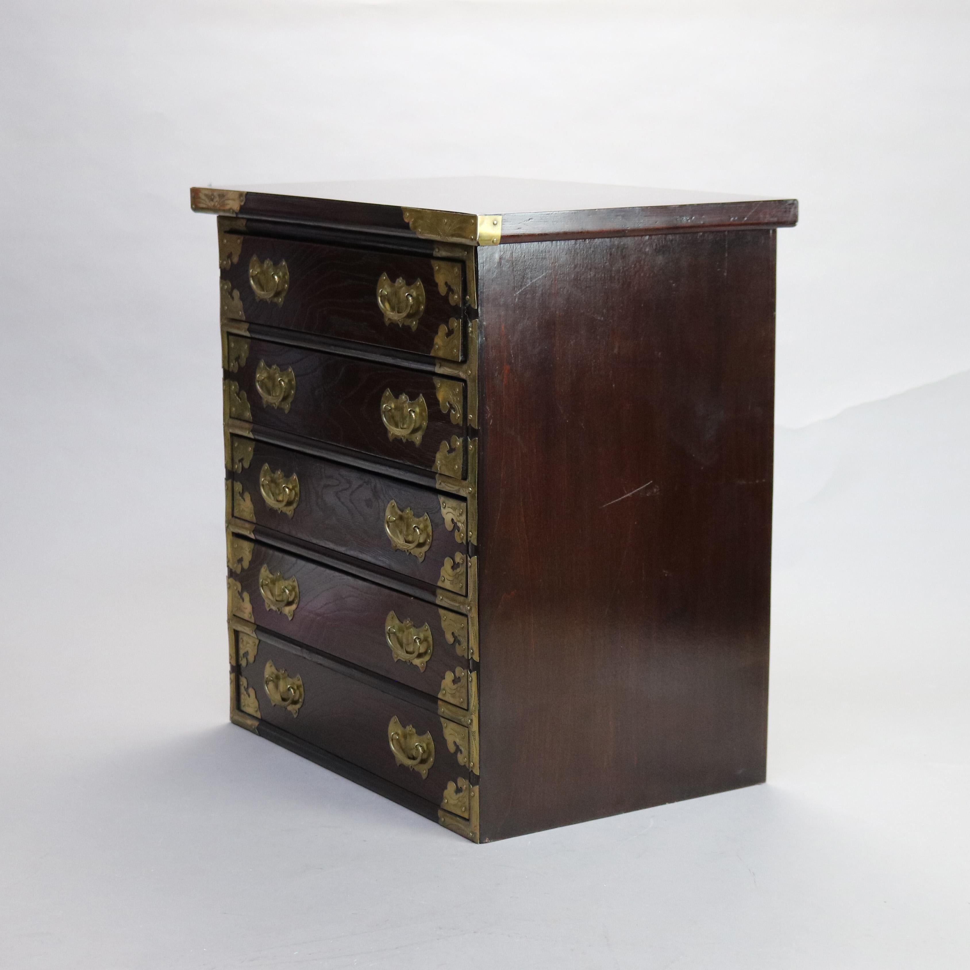 Chinese Brass Strapped Rosewood Five Drawer Lingerie Cabinet 20thC 2