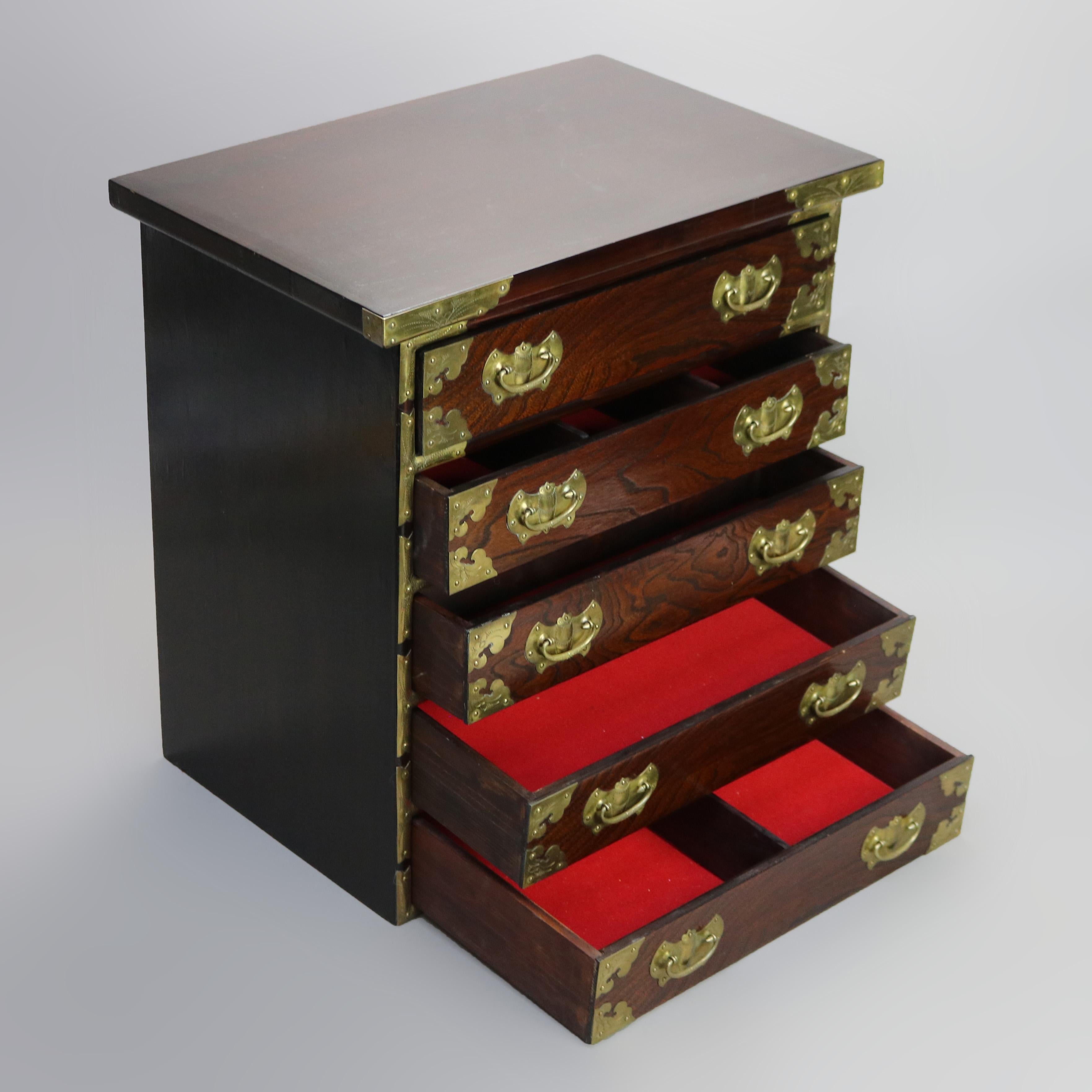 Chinese Brass Strapped Rosewood Five Drawer Lingerie Cabinet 20thC 5