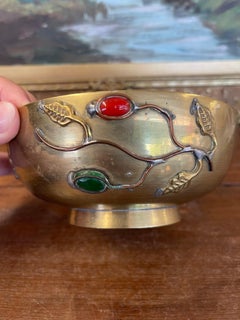 Chinese Brass Toned Bowl with Applied Gemstone Accents and Floral Motif
