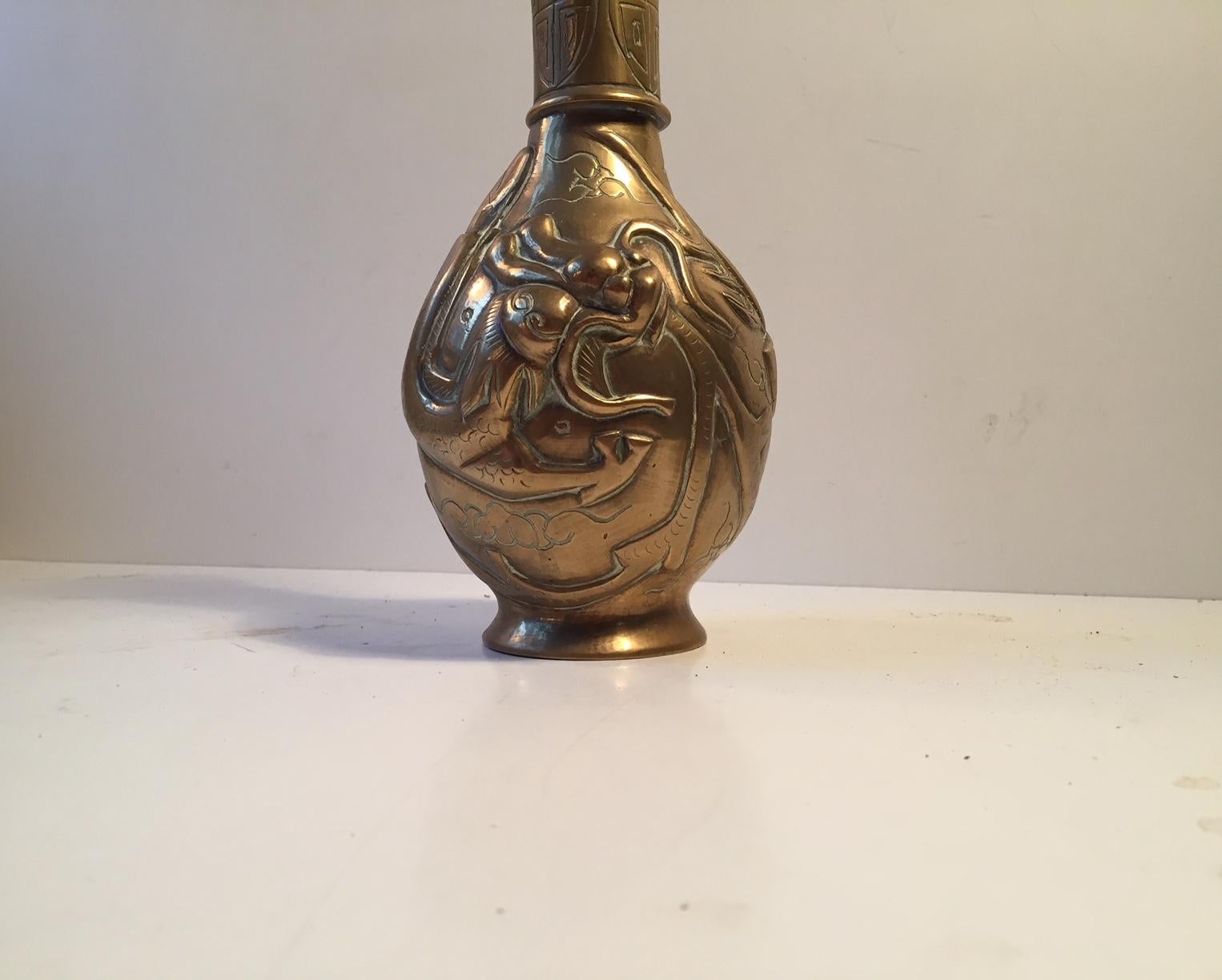 Chinese Export Chinese Brass Vase with Dragon Relief, 20th Century, Signed For Sale