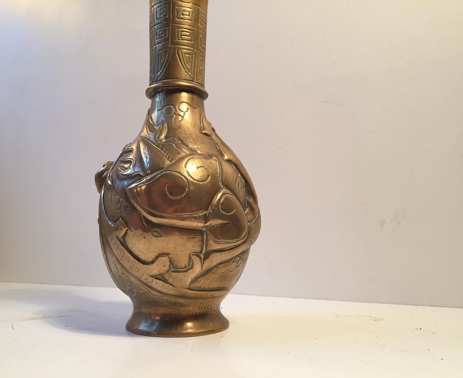 Mid-20th Century Chinese Brass Vase with Dragon Relief, 20th Century, Signed For Sale