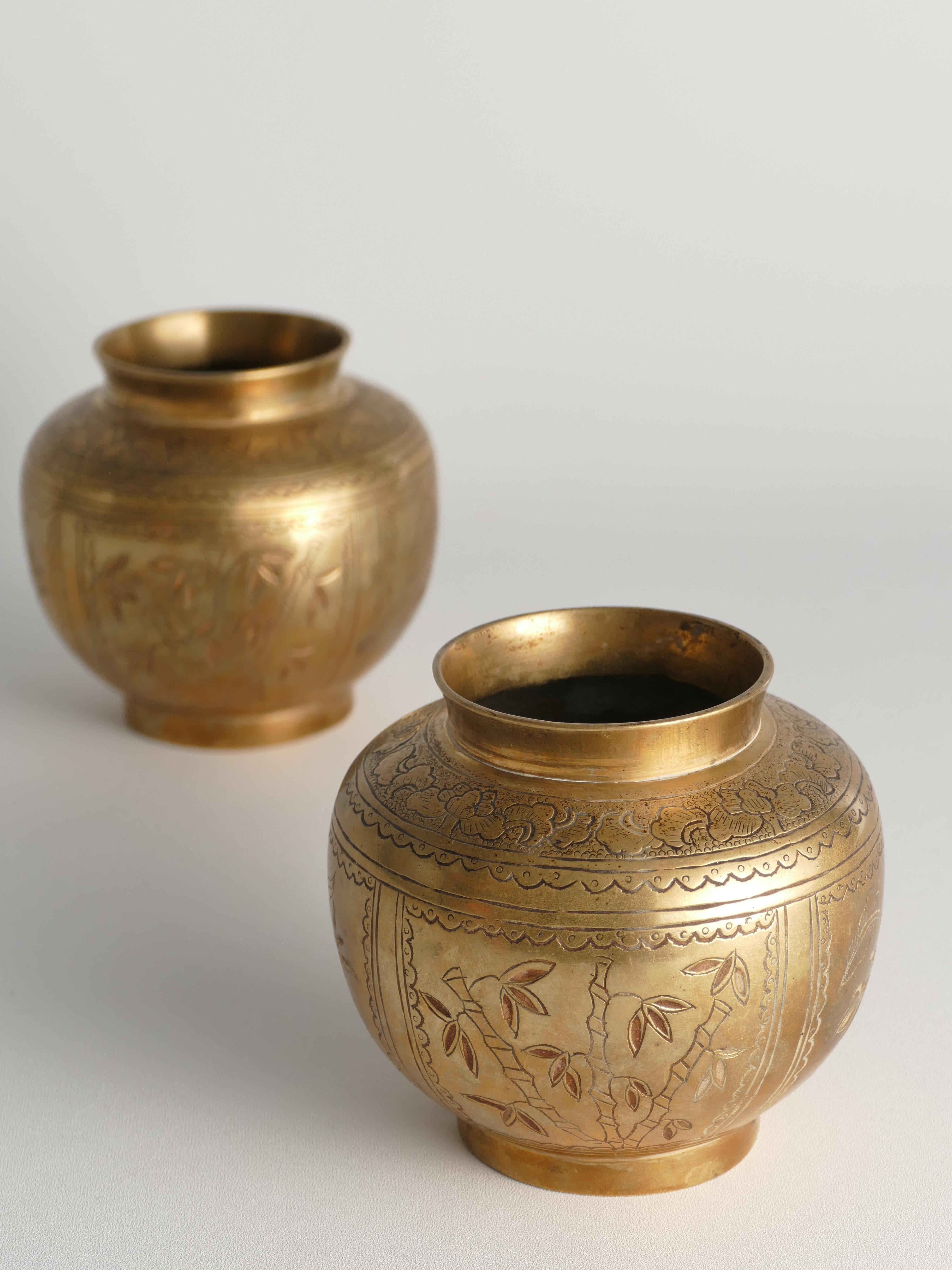Chinese Brass Vases Depicting Plum, Orchid, Bamboo, and Chrysanthemum, Set of 2 5