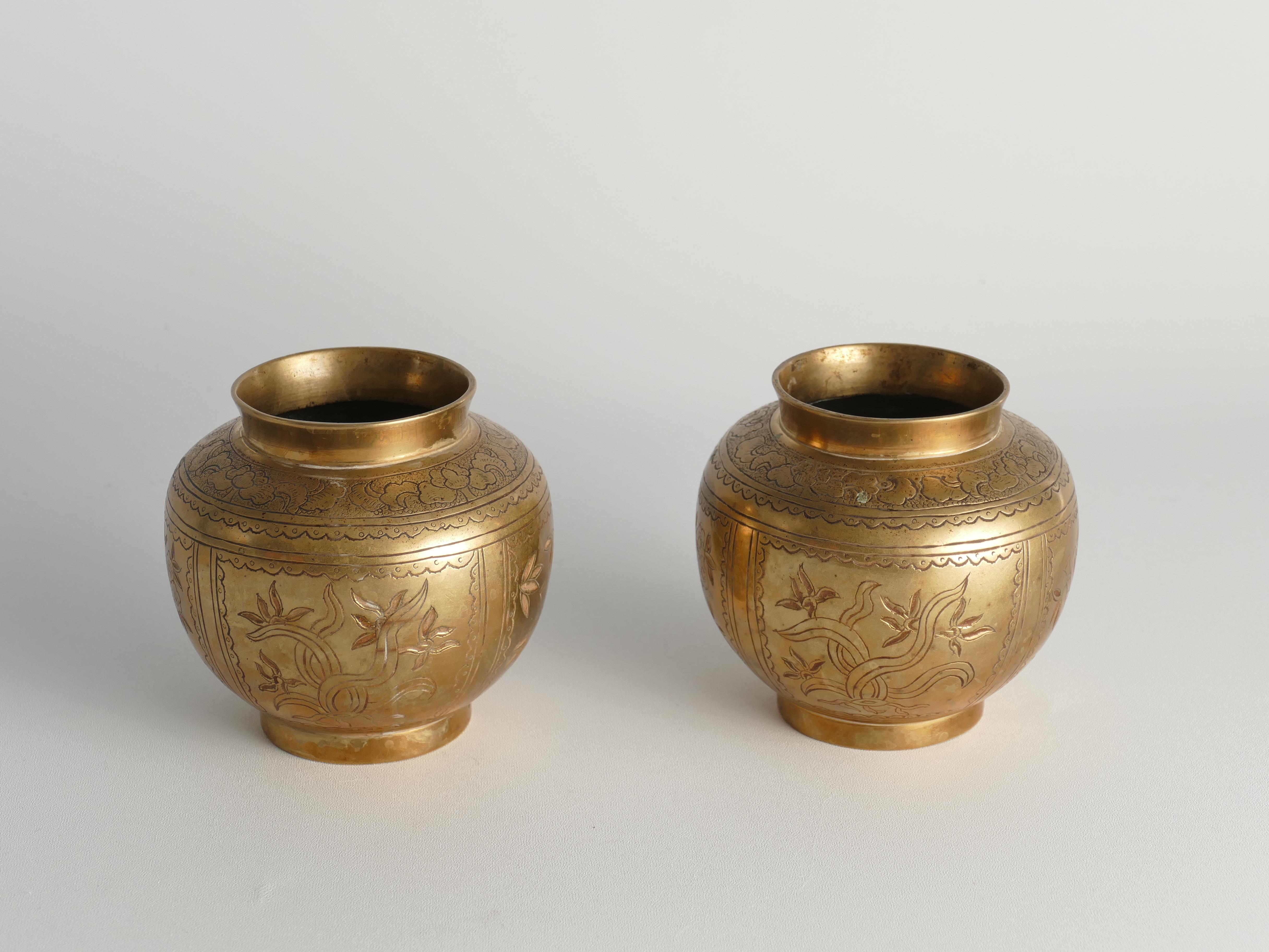Chinese Brass Vases Depicting Plum, Orchid, Bamboo, and Chrysanthemum, Set of 2 6