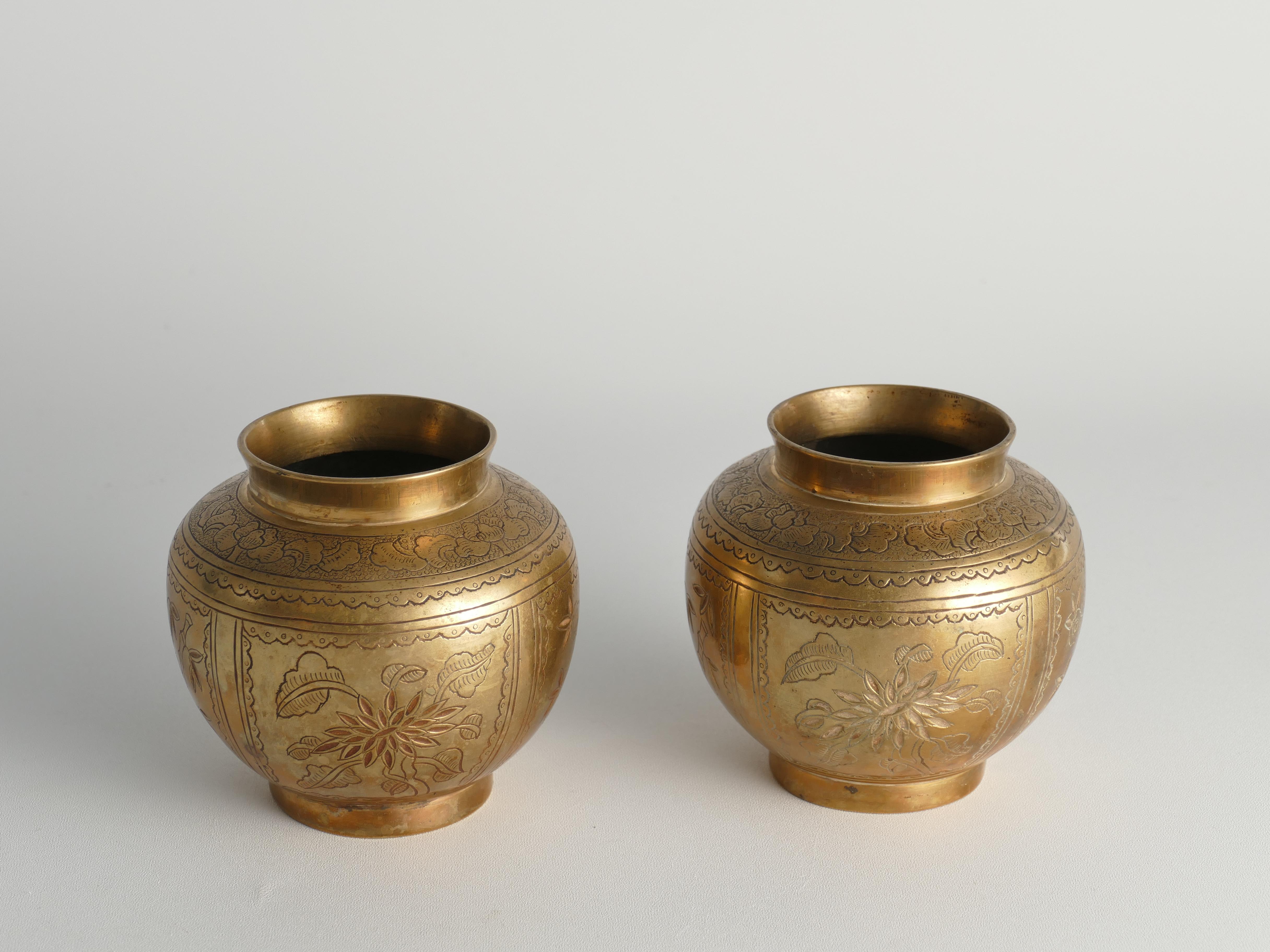 Chinese Brass Vases Depicting Plum, Orchid, Bamboo, and Chrysanthemum, Set of 2 7