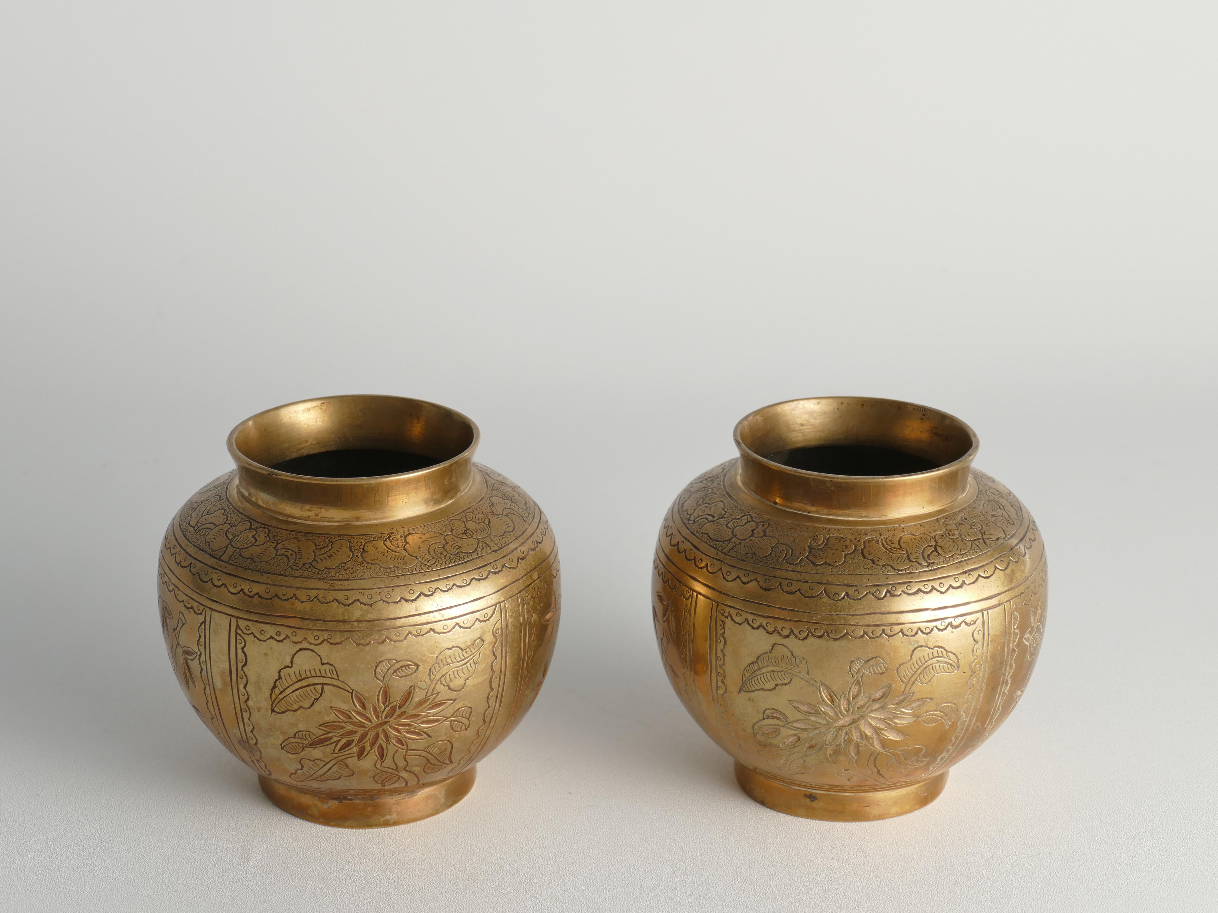 Chinese Brass Vases Depicting Plum, Orchid, Bamboo, and Chrysanthemum, Set of 2 8