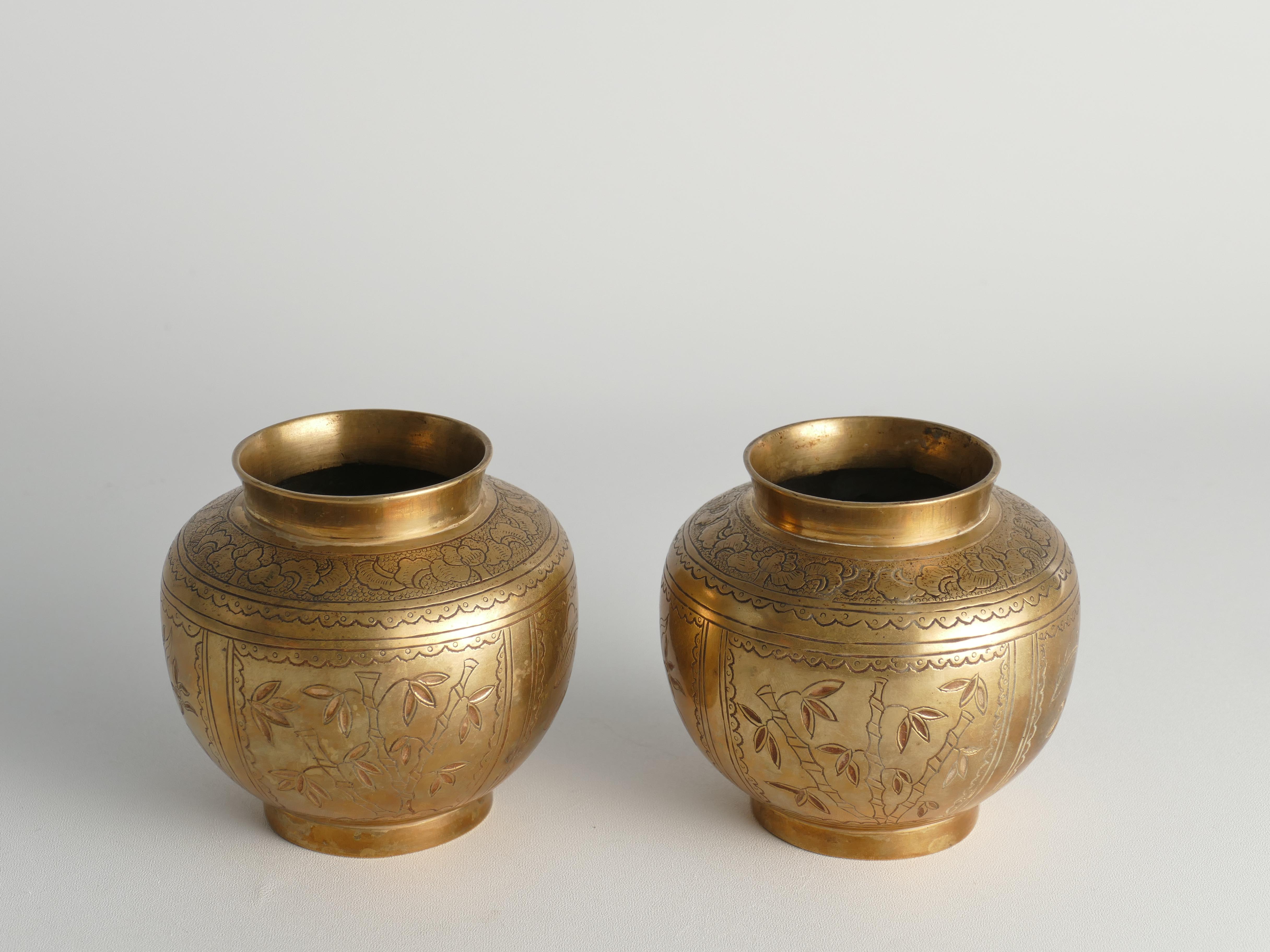 Chinese Brass Vases Depicting Plum, Orchid, Bamboo, and Chrysanthemum, Set of 2 9