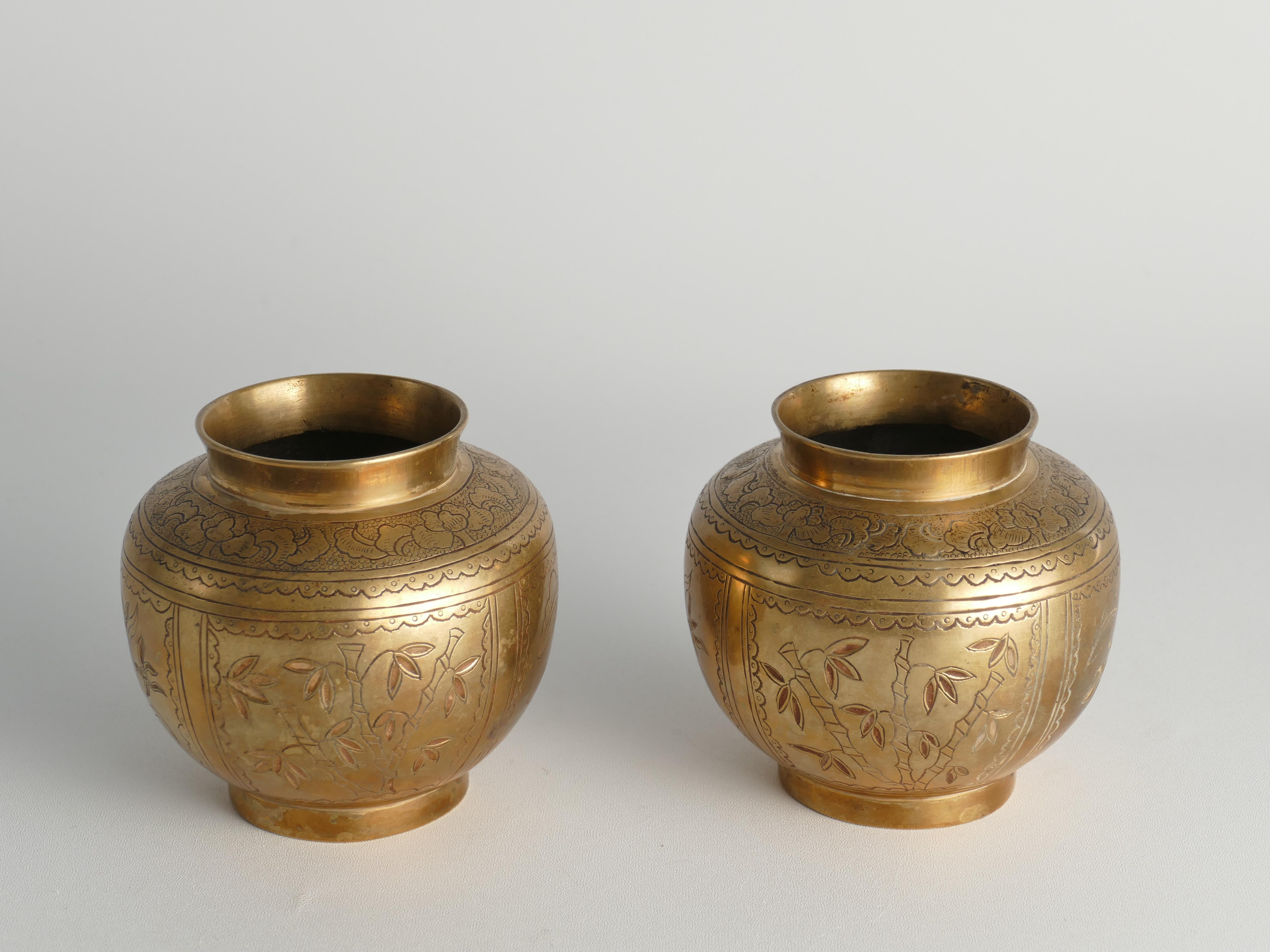 Chinese Brass Vases Depicting Plum, Orchid, Bamboo, and Chrysanthemum, Set of 2 10