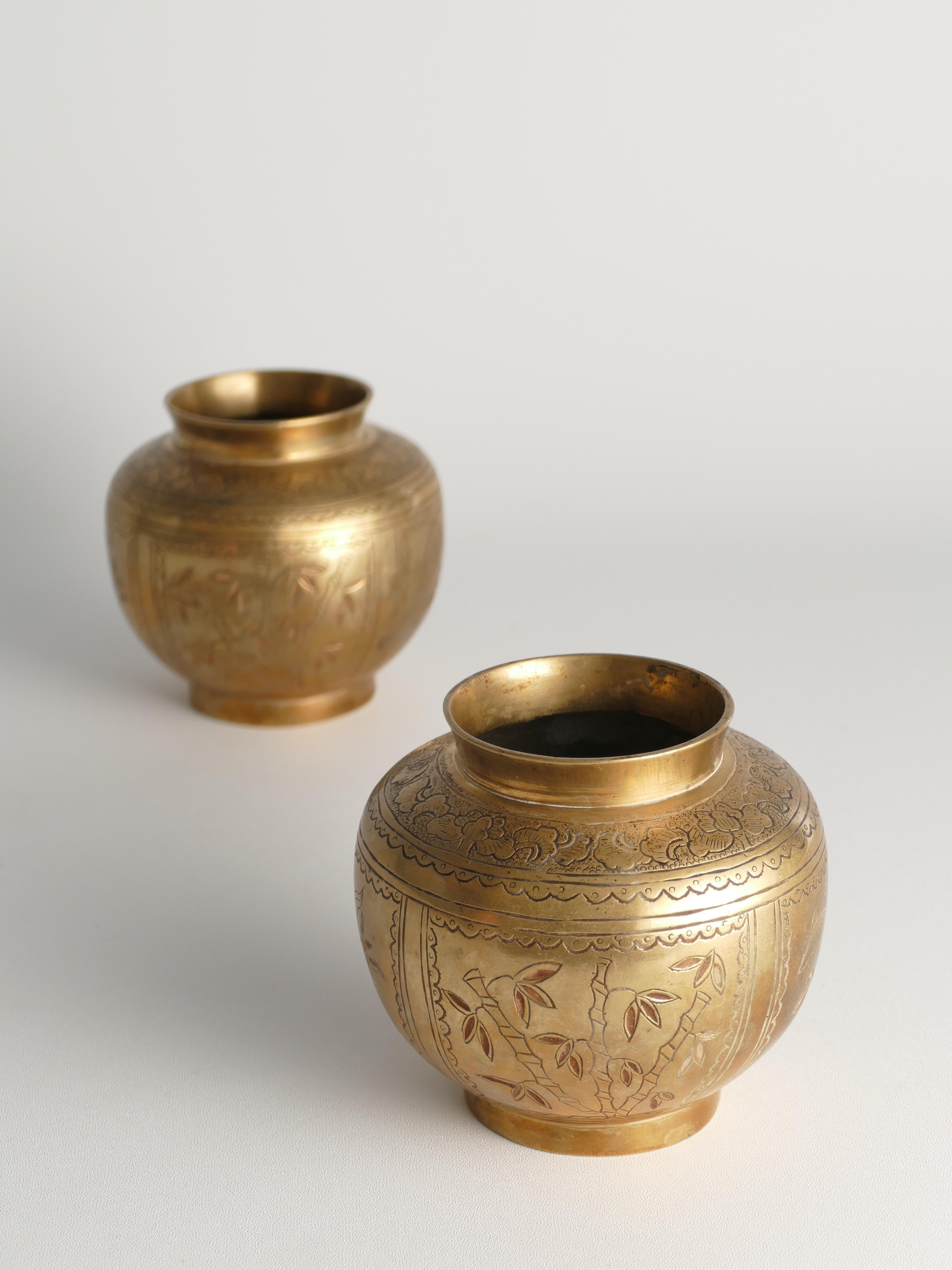 Chinese Brass Vases Depicting Plum, Orchid, Bamboo, and Chrysanthemum, Set of 2 11