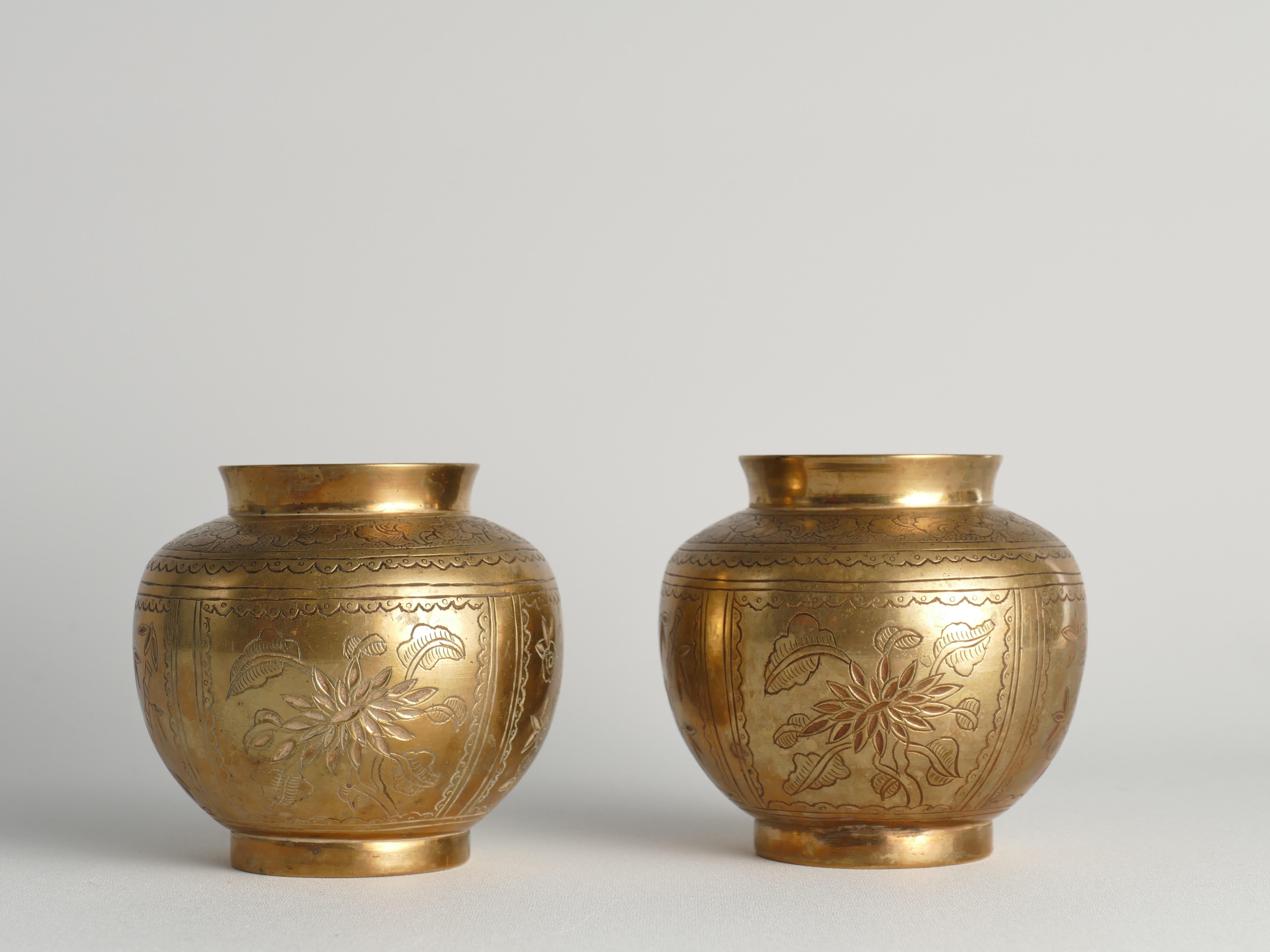 Chinese Export Chinese Brass Vases Depicting Plum, Orchid, Bamboo, and Chrysanthemum, Set of 2