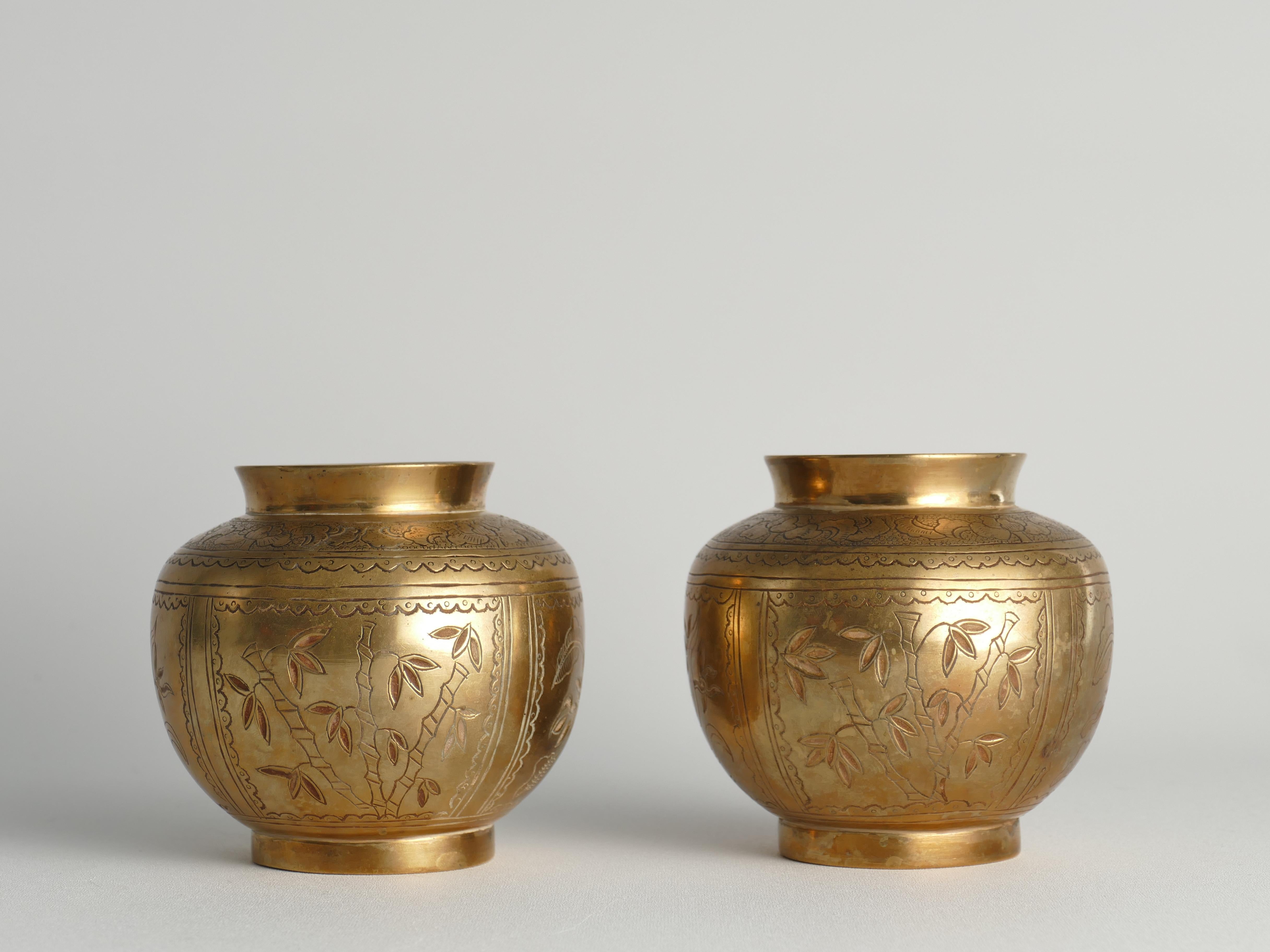 Hand-Crafted Chinese Brass Vases Depicting Plum, Orchid, Bamboo, and Chrysanthemum, Set of 2