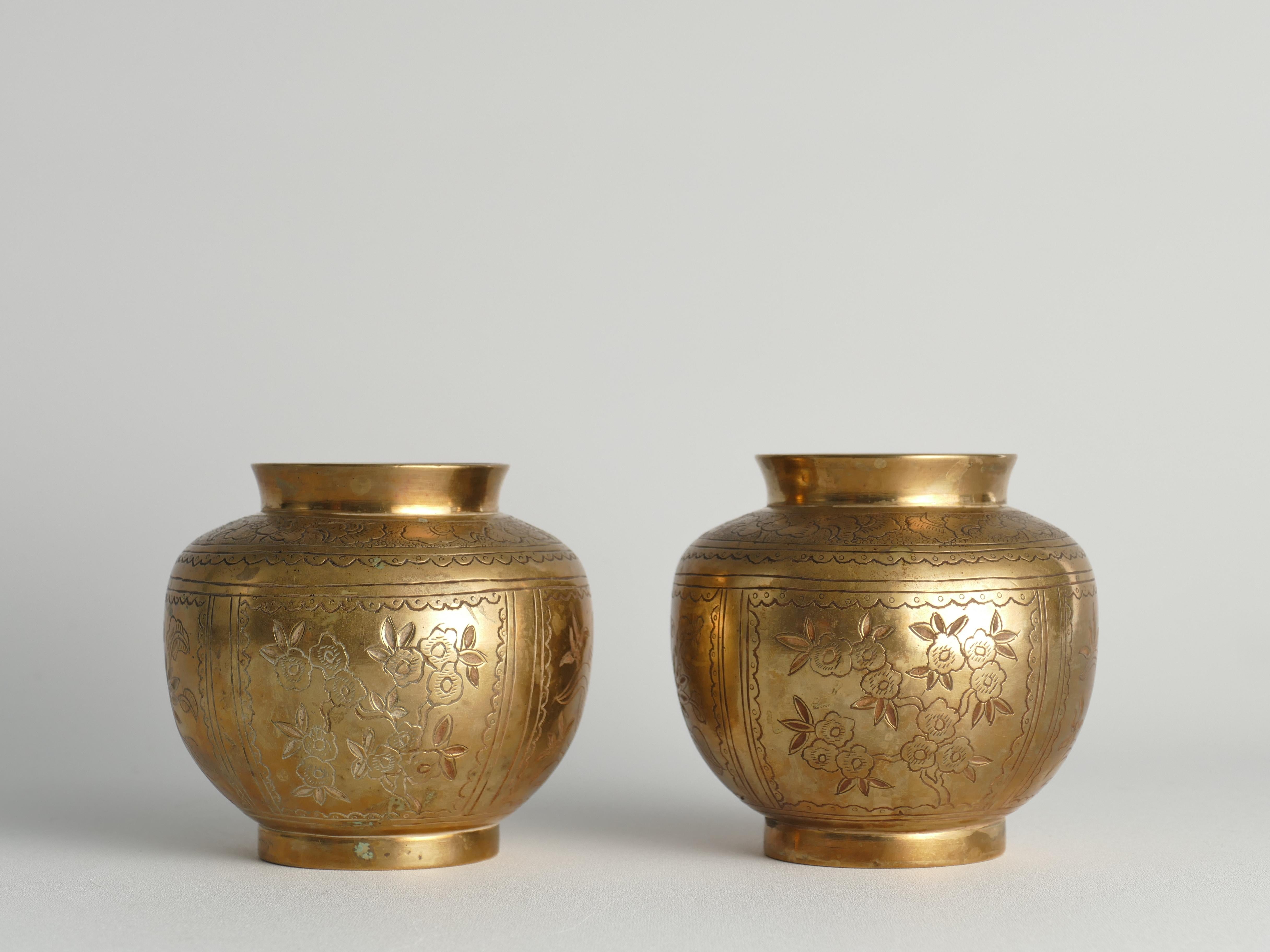 20th Century Chinese Brass Vases Depicting Plum, Orchid, Bamboo, and Chrysanthemum, Set of 2