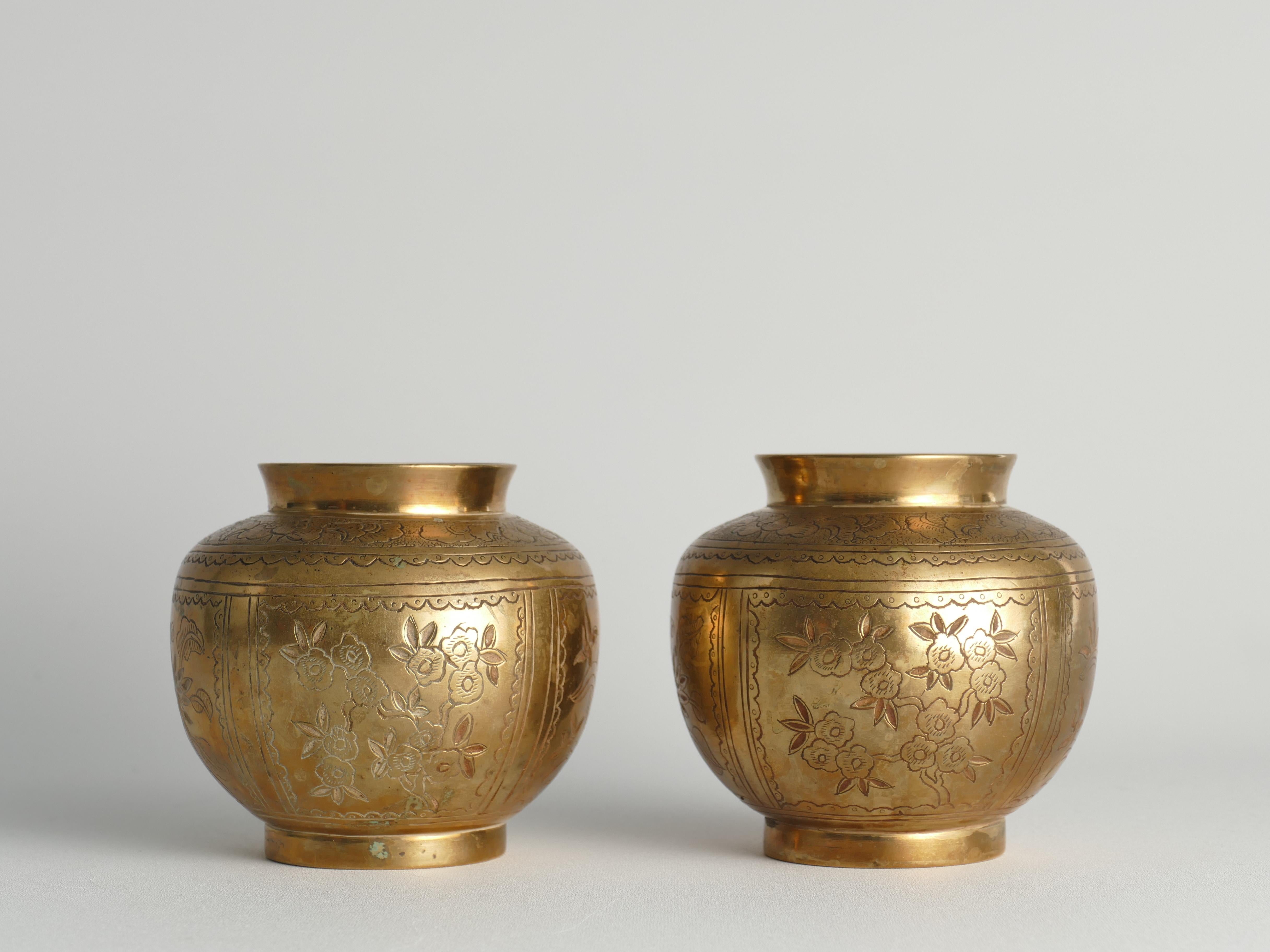 Chinese Brass Vases Depicting Plum, Orchid, Bamboo, and Chrysanthemum, Set of 2 1