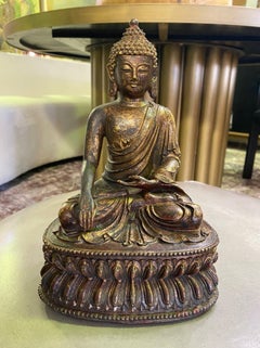 Chinese Bronze and Gilt Seated Temple Shrine Buddha Statue Sculpture