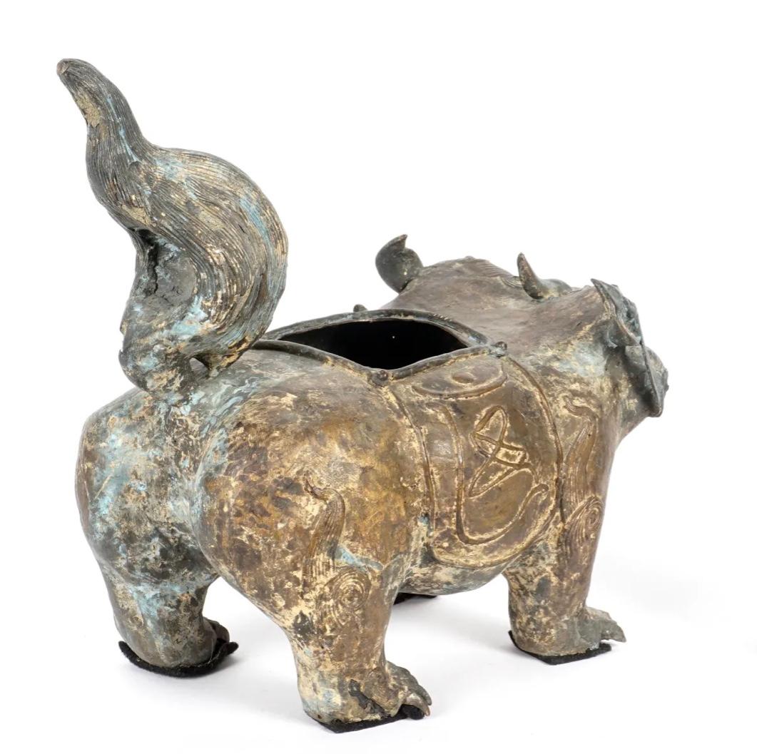 19th Century Chinese Bronze Archaic Style Squat Dog Bronze Censer For Sale