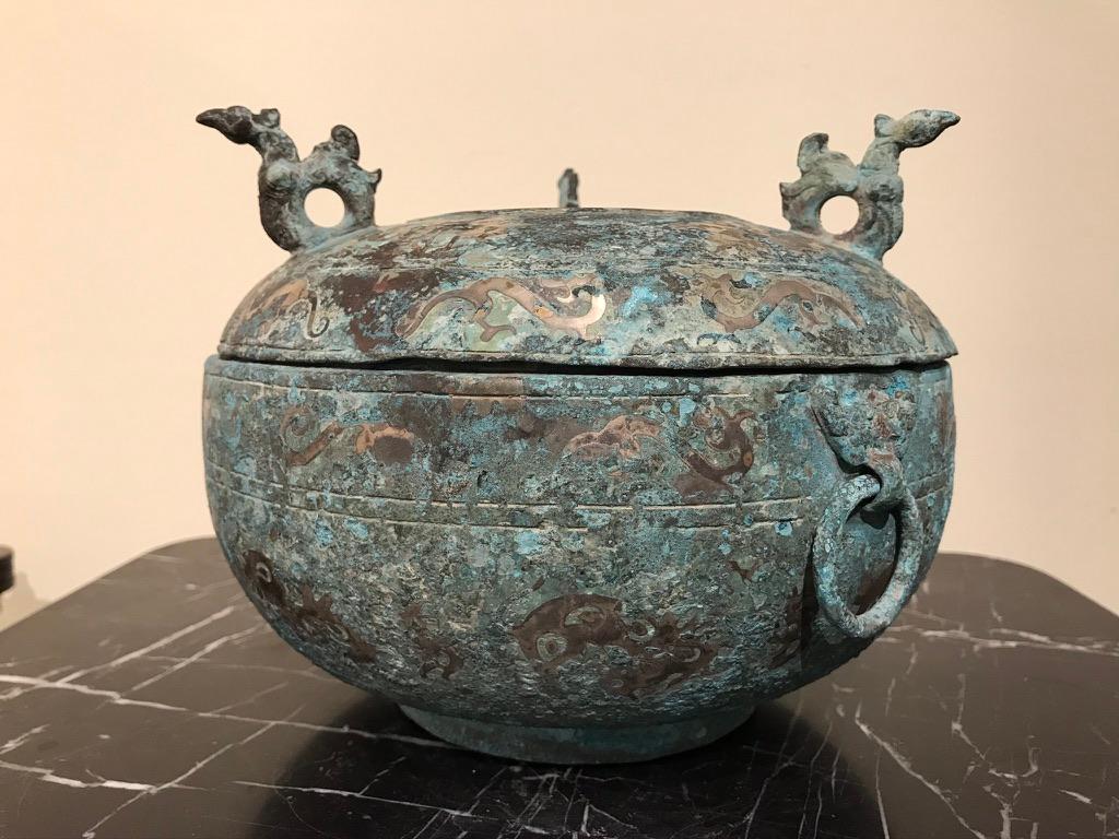 Chinese Bronze Archaistic Lidded Vessel with Silver Inlay and Bird Handles 7