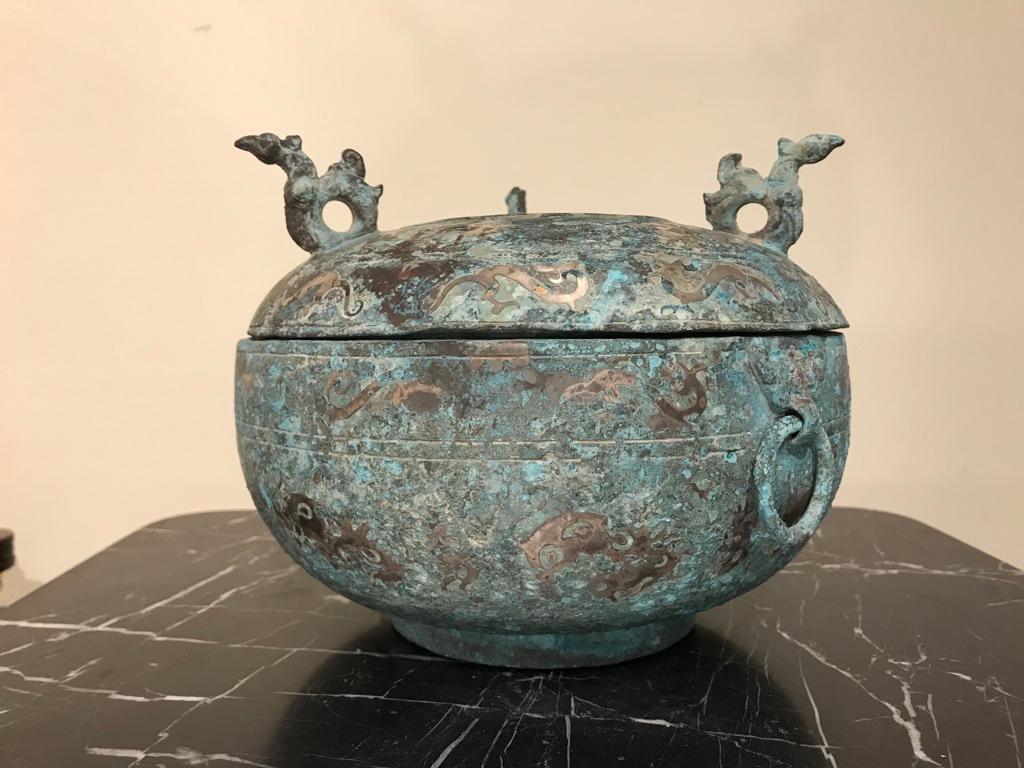 Chinese Bronze Archaistic Lidded Vessel with Silver Inlay and Bird Handles 8
