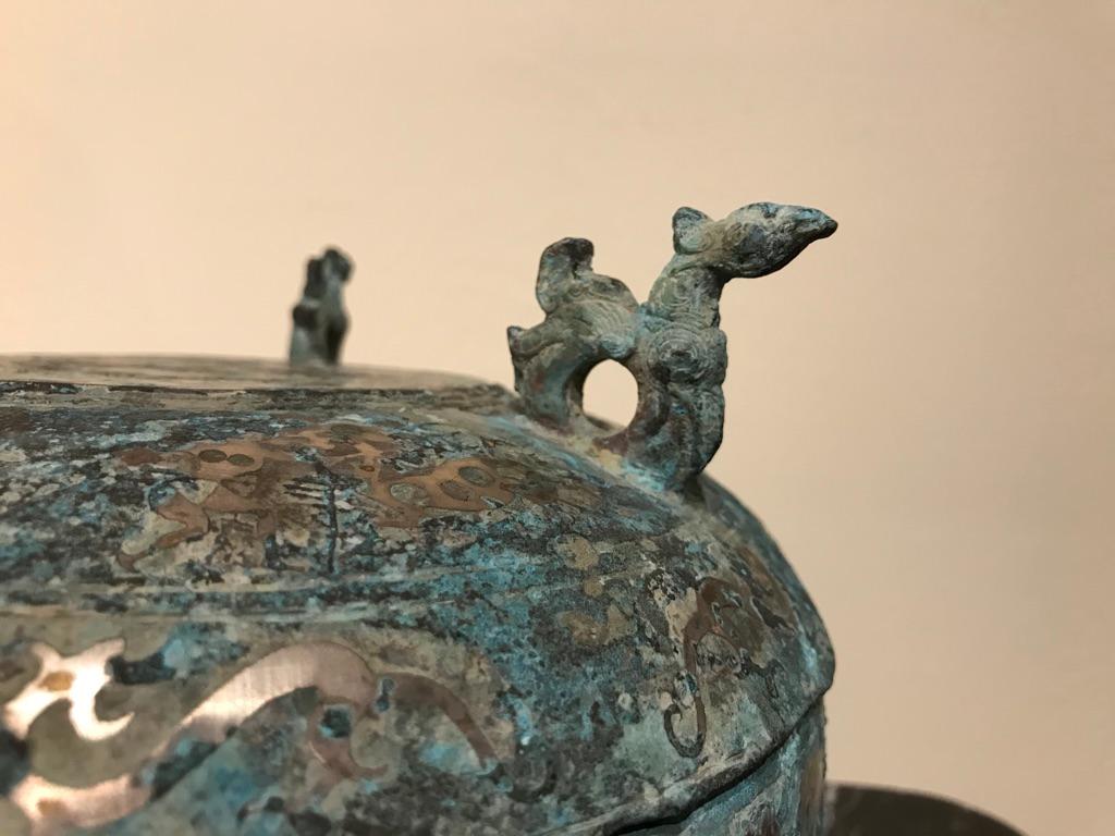 Chinese Bronze Archaistic Lidded Vessel with Silver Inlay and Bird Handles 10