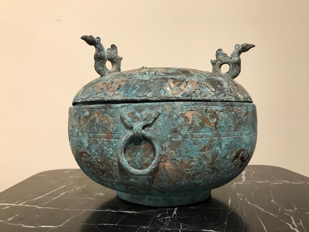 Chinese Bronze Archaistic Lidded Vessel with Silver Inlay and Bird Handles 2