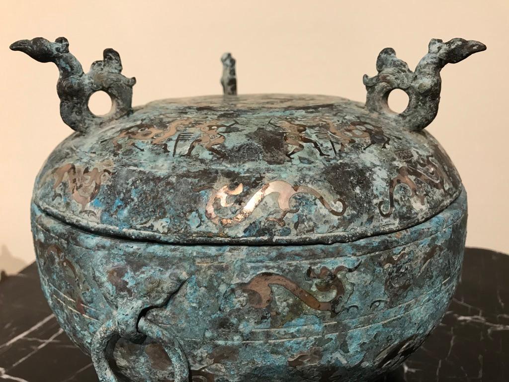 Chinese Bronze Archaistic Lidded Vessel with Silver Inlay and Bird Handles 5