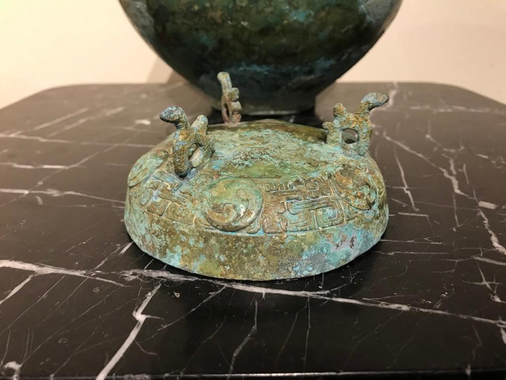 Chinese Bronze Archaistic Lidded Vessel with Verdigris Patina 7